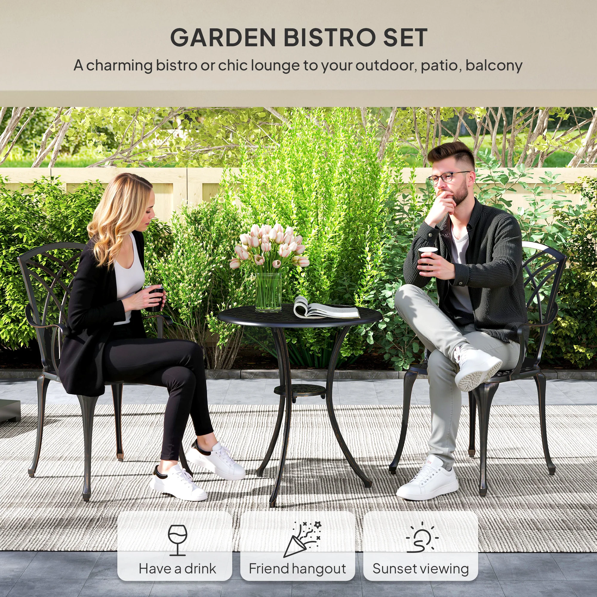 3 Piece Garden Dining Set, Outdoor Aluminium Round Table & Armchairs with Parasol Hole, Bronze Tone - Image 6