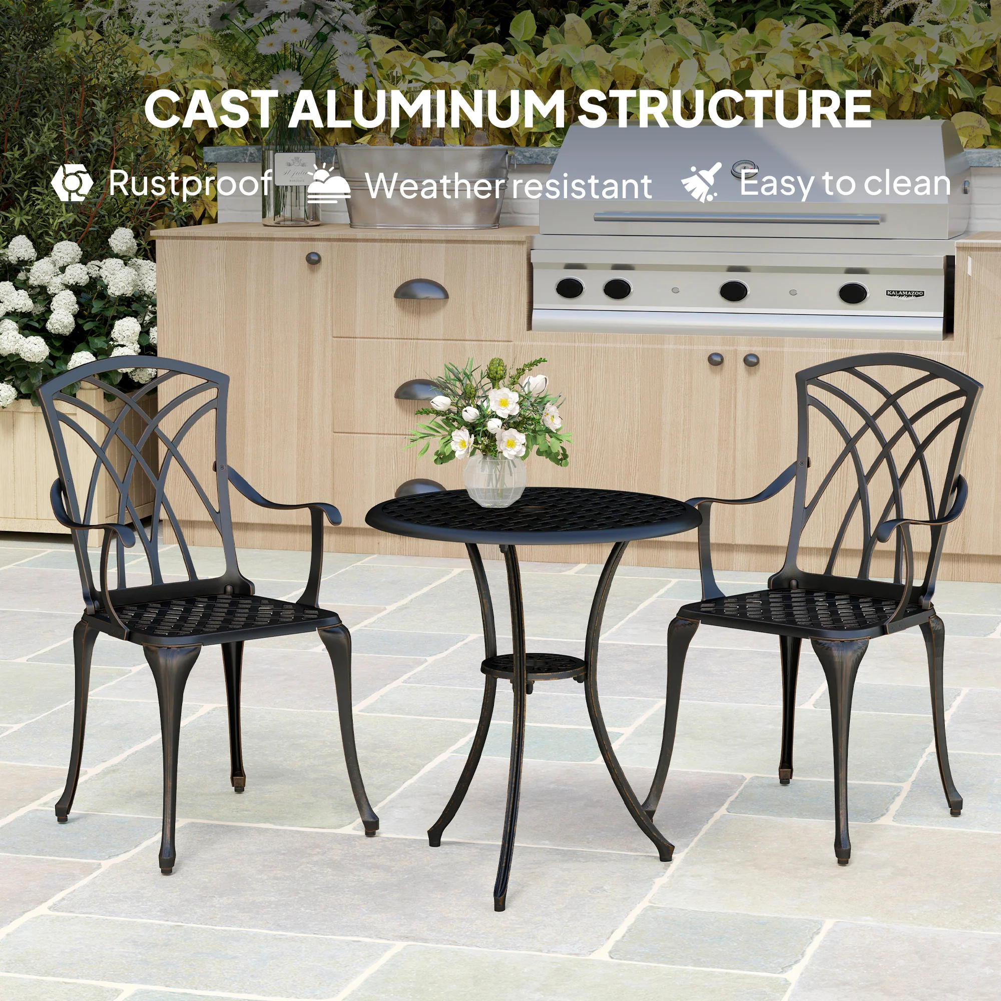 3 Piece Garden Dining Set, Outdoor Aluminium Round Table & Armchairs with Parasol Hole, Bronze Tone - Image 7