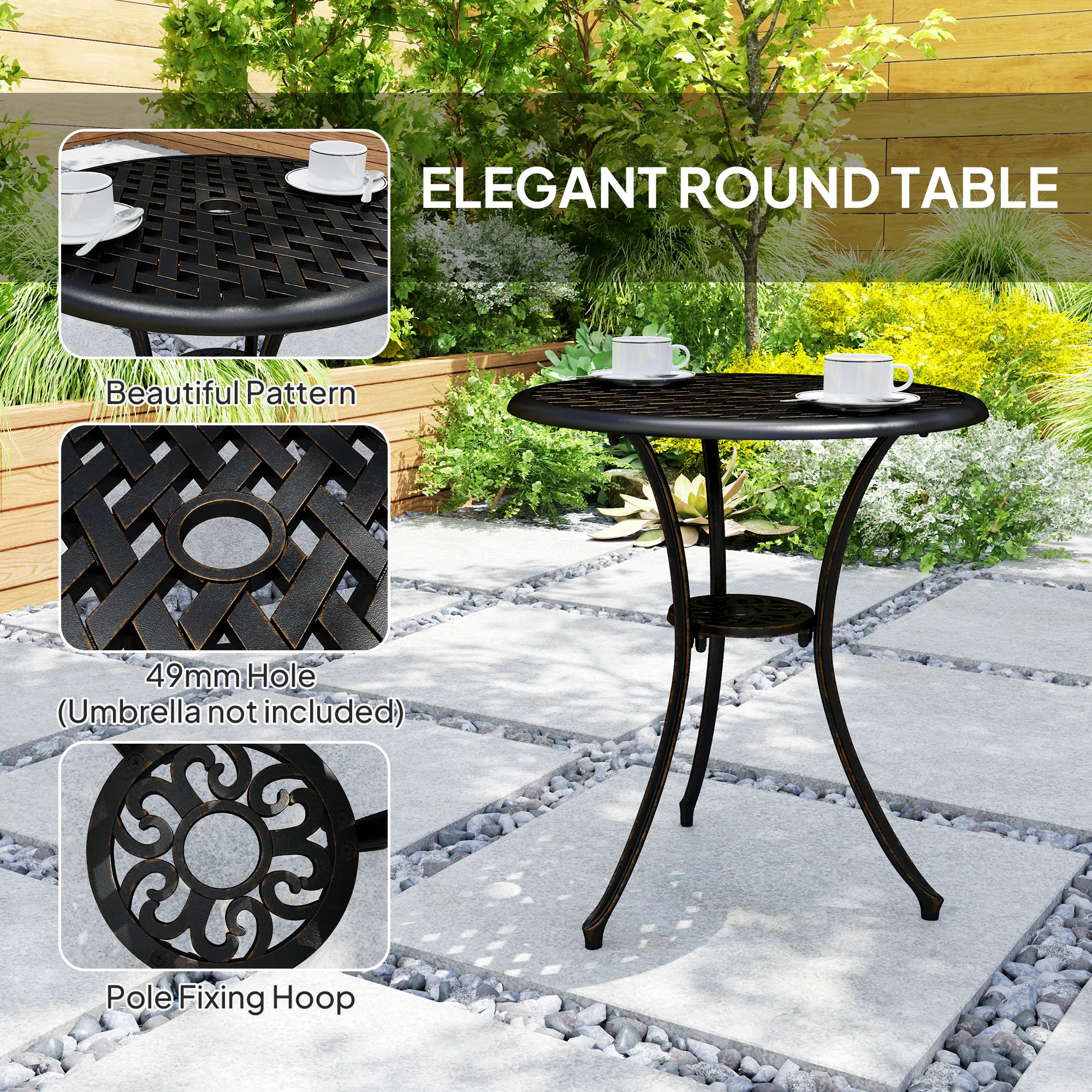 3 Piece Garden Dining Set, Outdoor Aluminium Round Table & Armchairs with Parasol Hole, Bronze Tone - Image 8