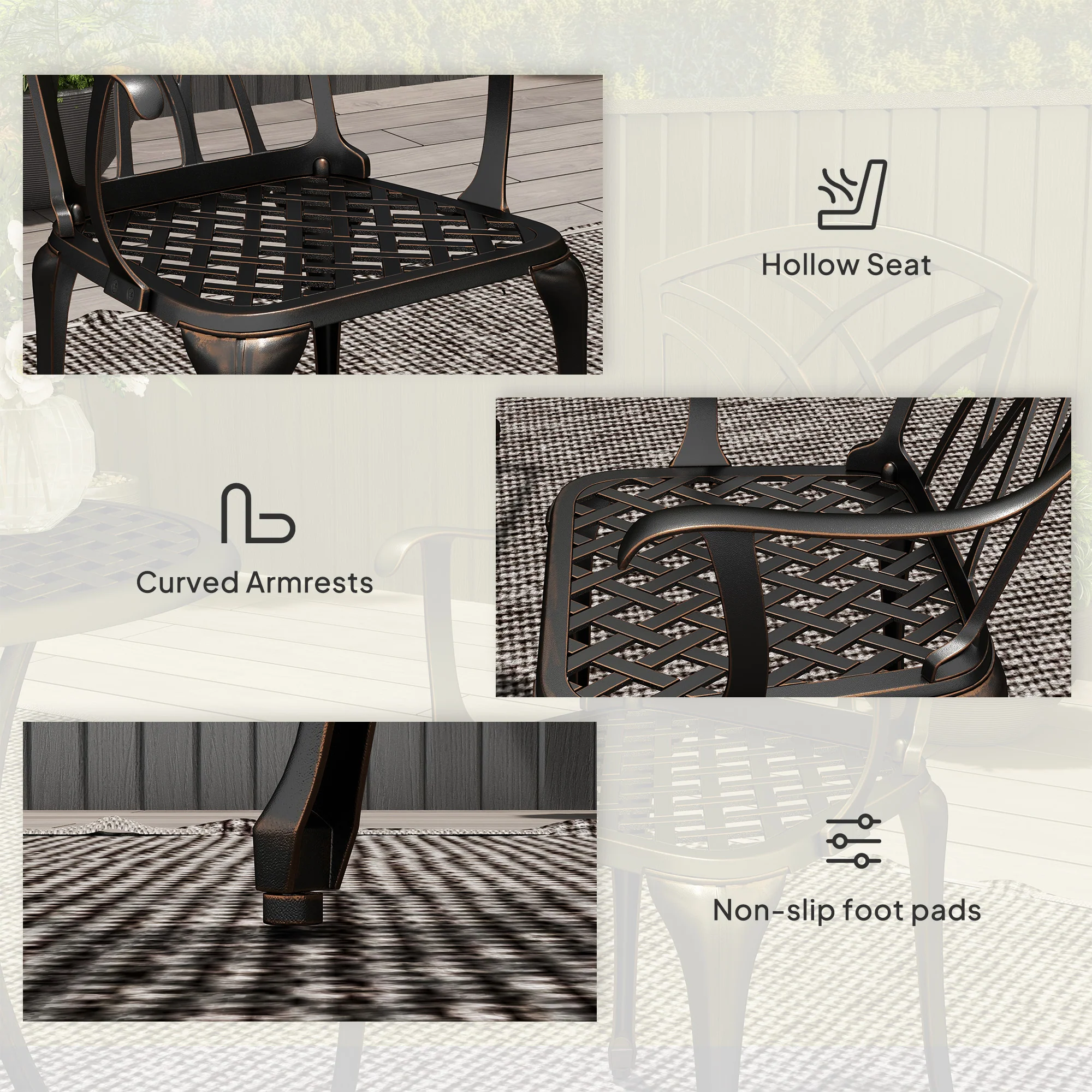 3 Piece Garden Dining Set, Outdoor Aluminium Round Table & Armchairs with Parasol Hole, Bronze Tone - Image 9
