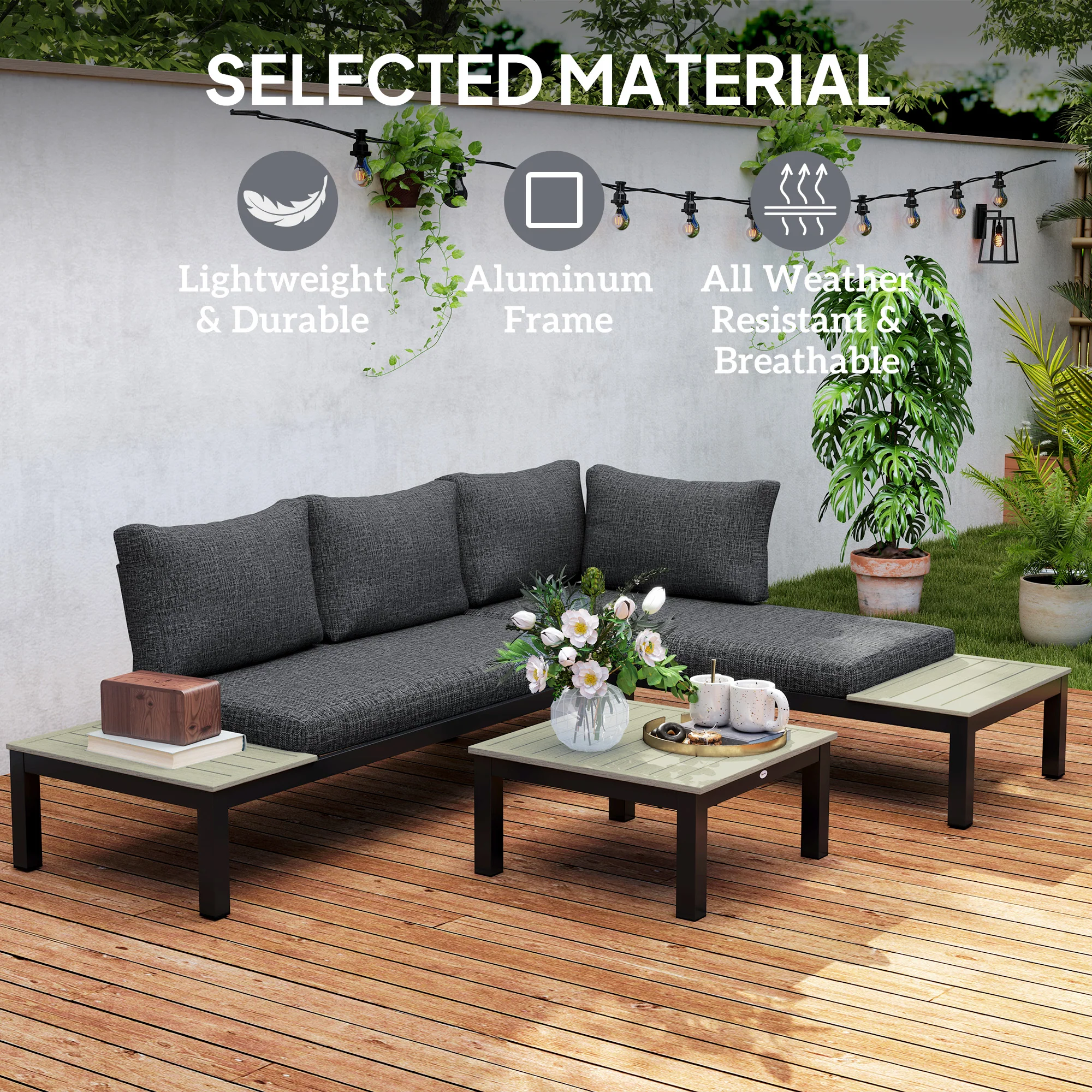FlexNook Aluminium Corner Sofa Set with 2 Loveseats, Coffee Table and Side Trays, Dark Grey - Image 9
