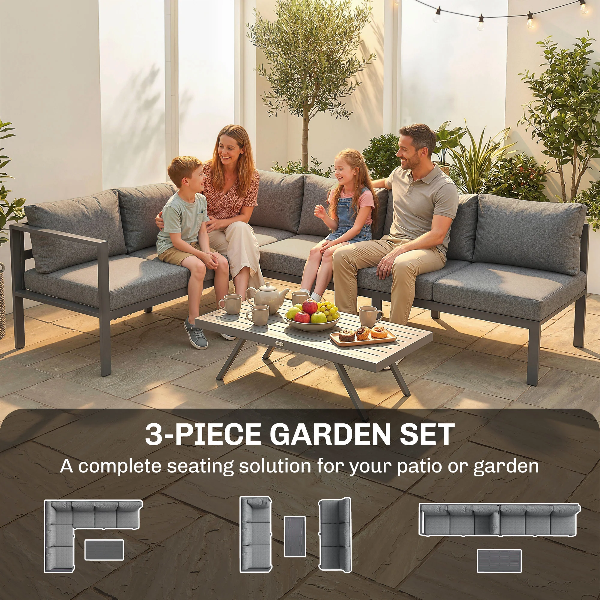 3 Piece Aluminium Corner Lounge Set with Adjustable Backrest, Dark Grey - Image 6