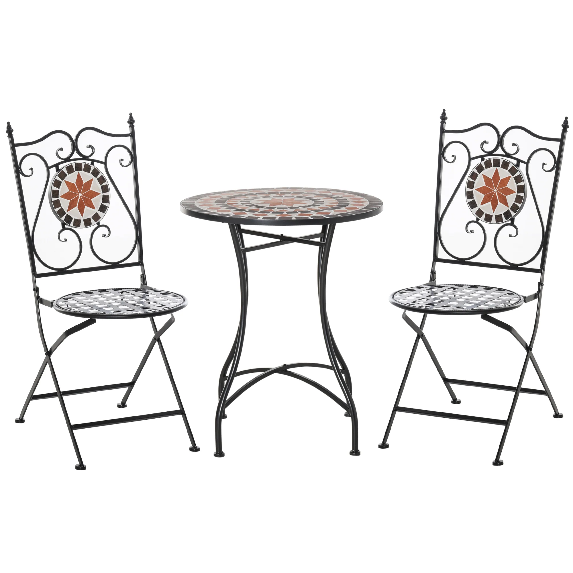 3 Piece Garden Bistro Set with 1 Ceramic Tile Round Table and 2 Foldable Chairs for Patio, Black