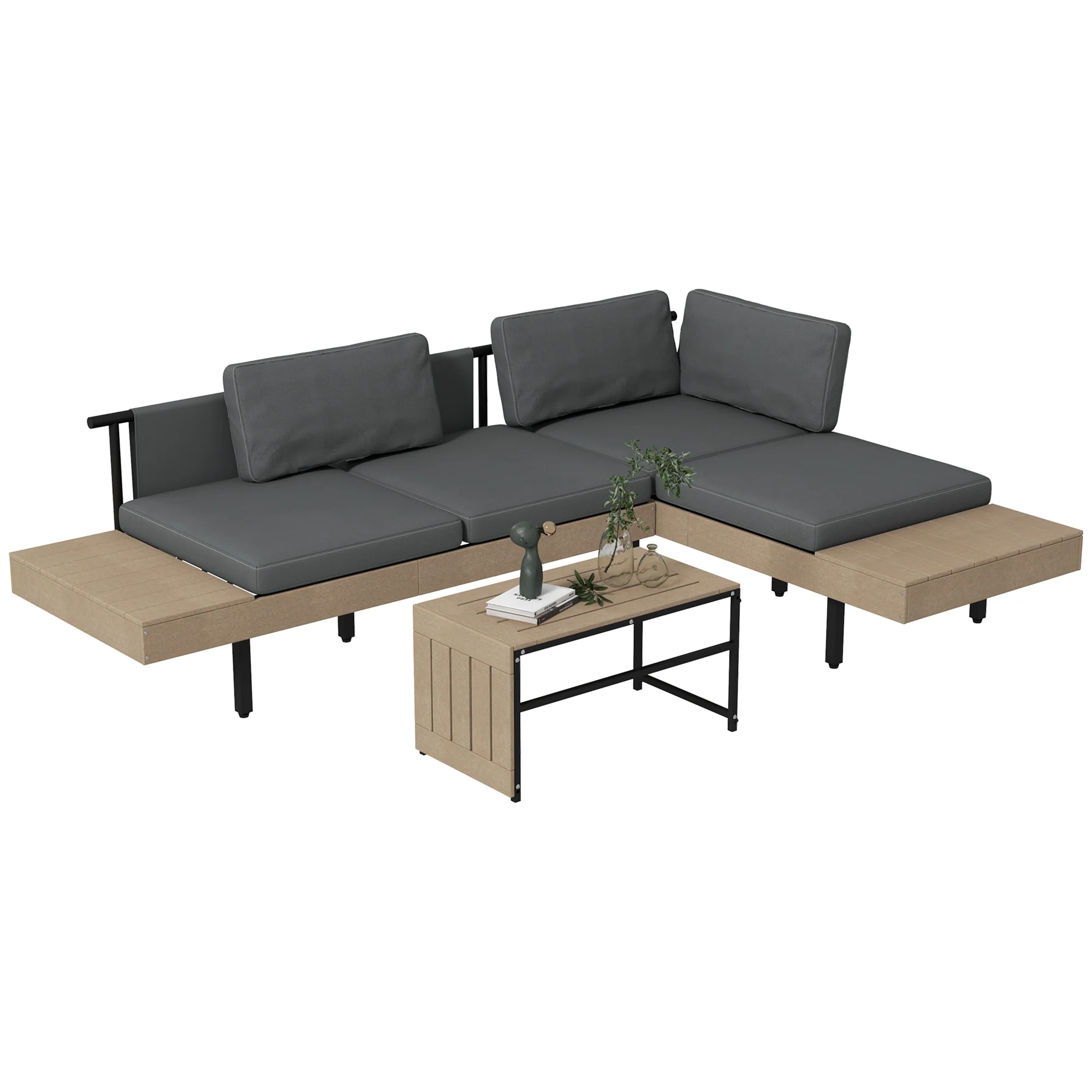 FlexNook L Shaped Corner Sofa Set with Table and Cushions, HDPE, for Garden, Patio, Grey
