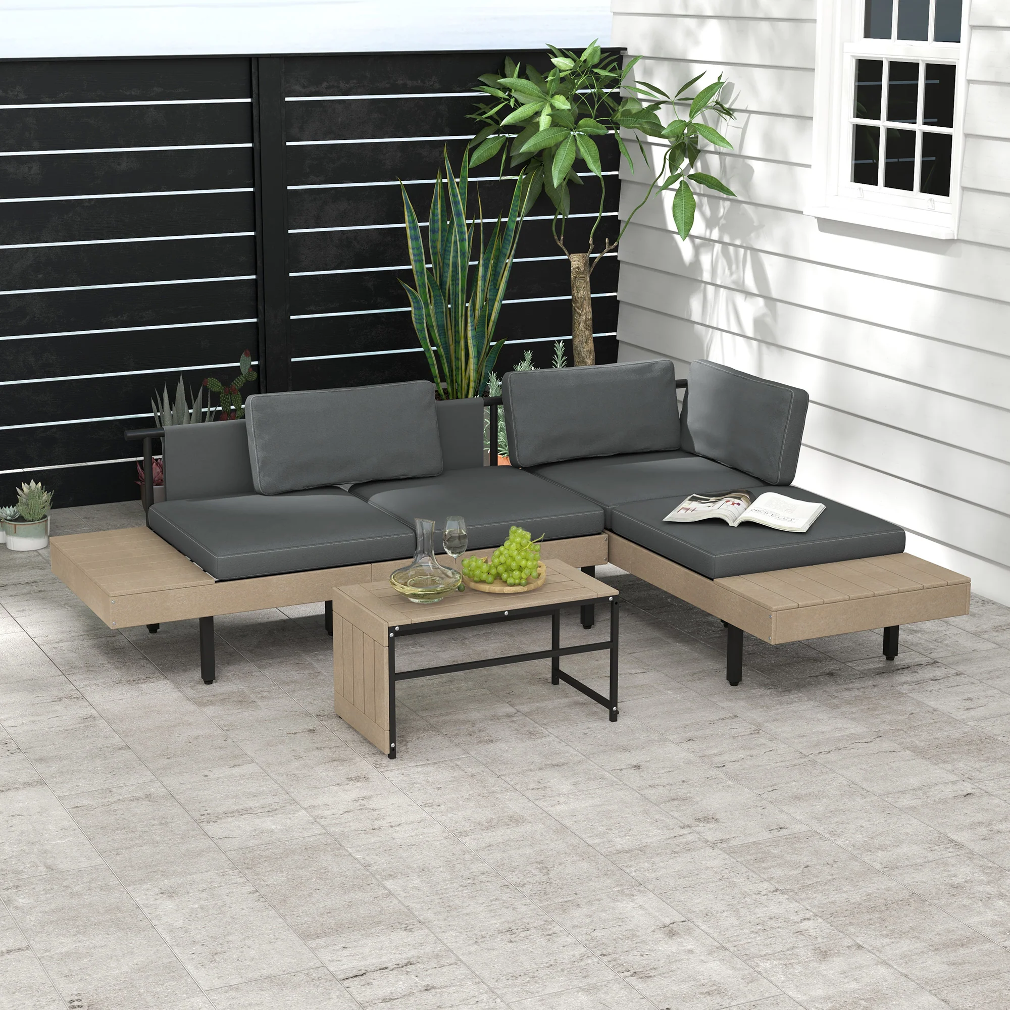 FlexNook L Shaped Corner Sofa Set with Table and Cushions, HDPE, for Garden, Patio, Grey - Image 3
