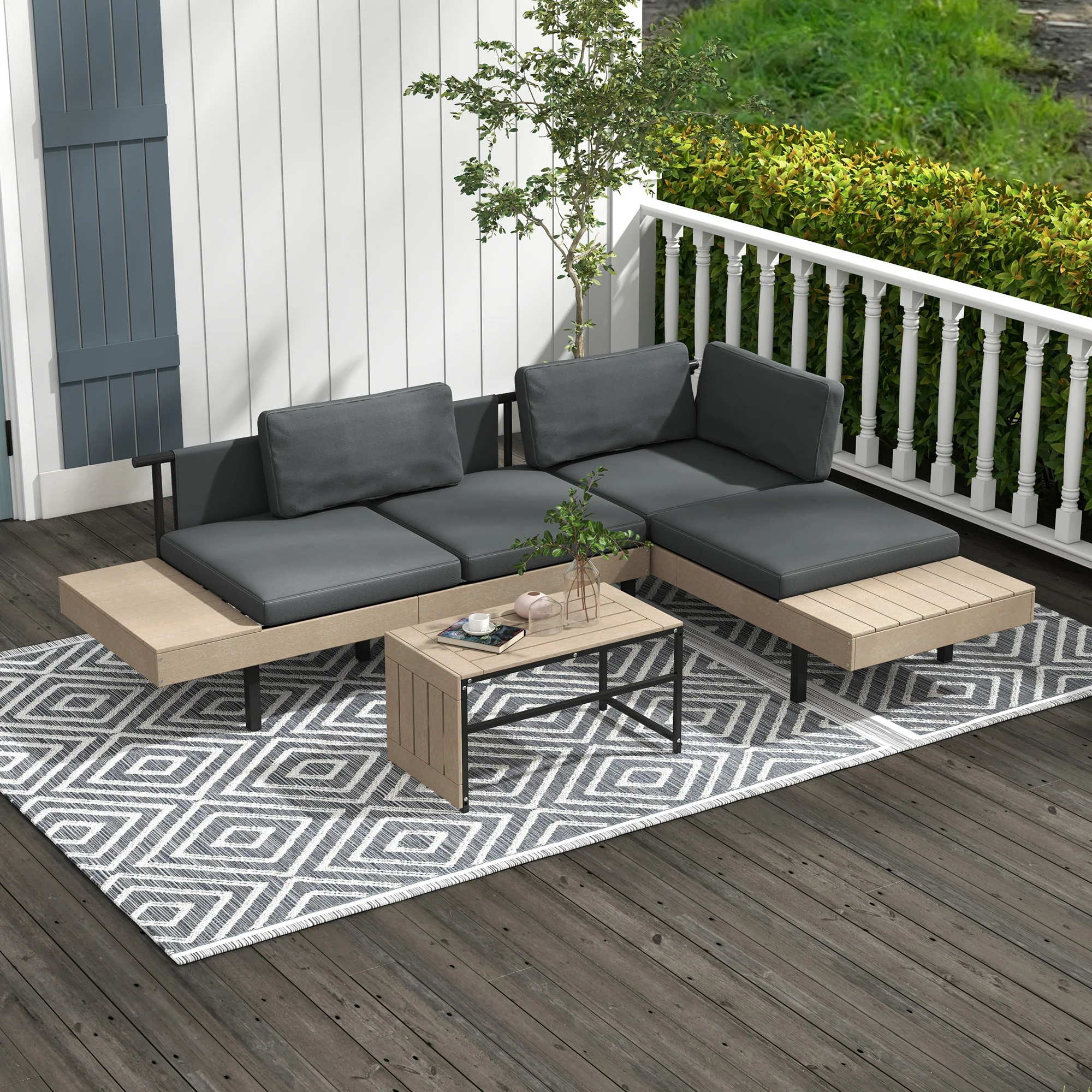 FlexNook L Shaped Corner Sofa Set with Table and Cushions, HDPE, for Garden, Patio, Grey - Image 4