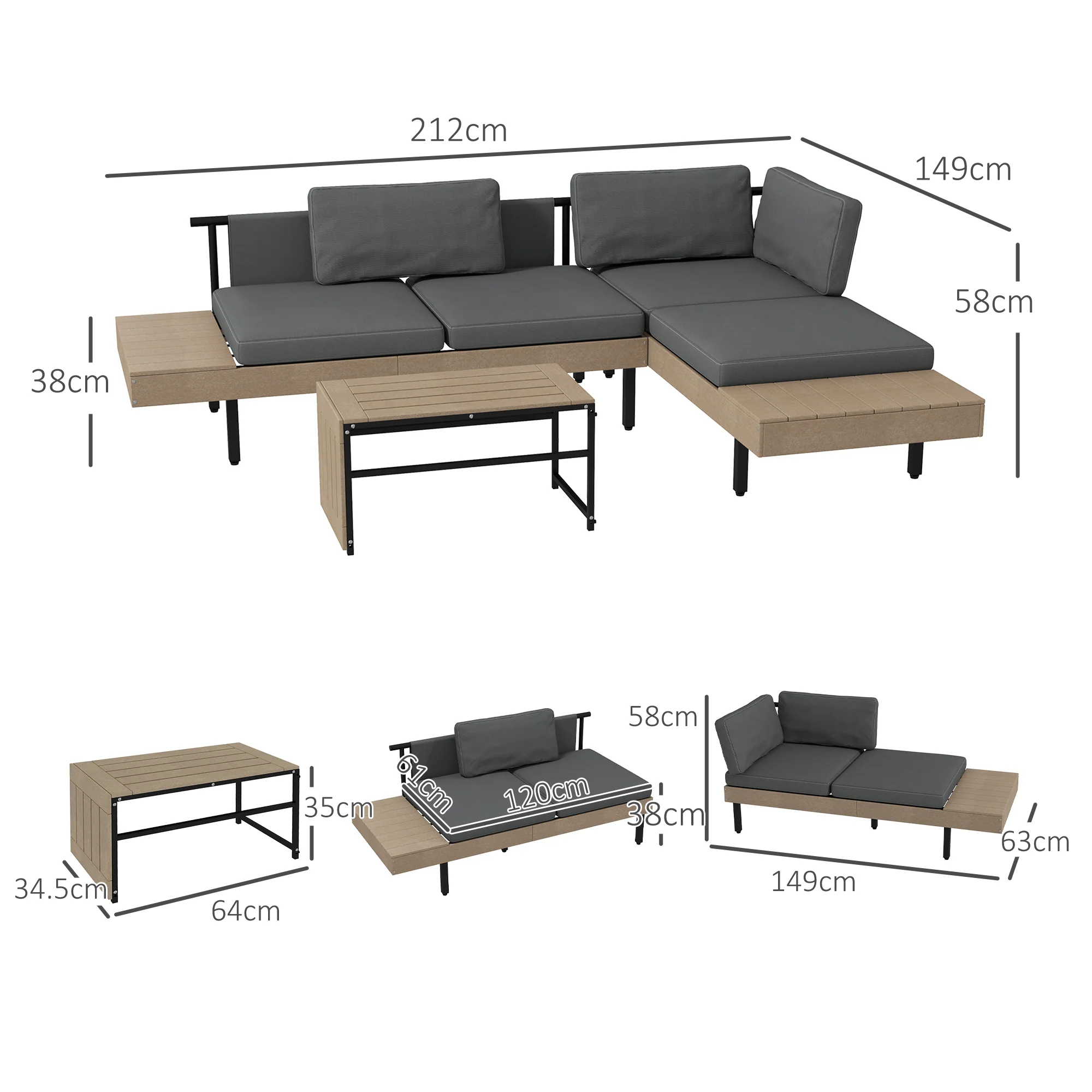 FlexNook L Shaped Corner Sofa Set with Table and Cushions, HDPE, for Garden, Patio, Grey - Image 5