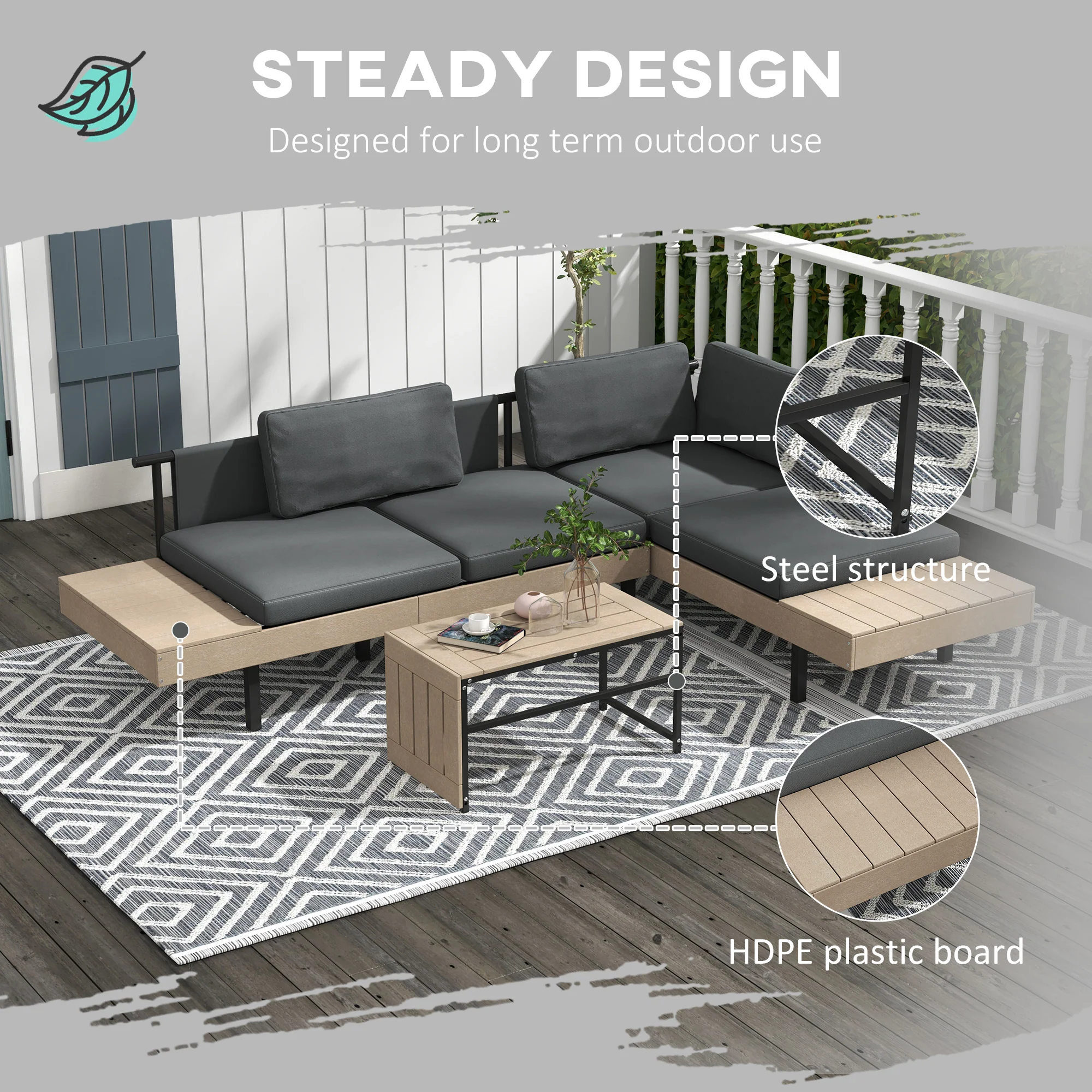 FlexNook L Shaped Corner Sofa Set with Table and Cushions, HDPE, for Garden, Patio, Grey - Image 6
