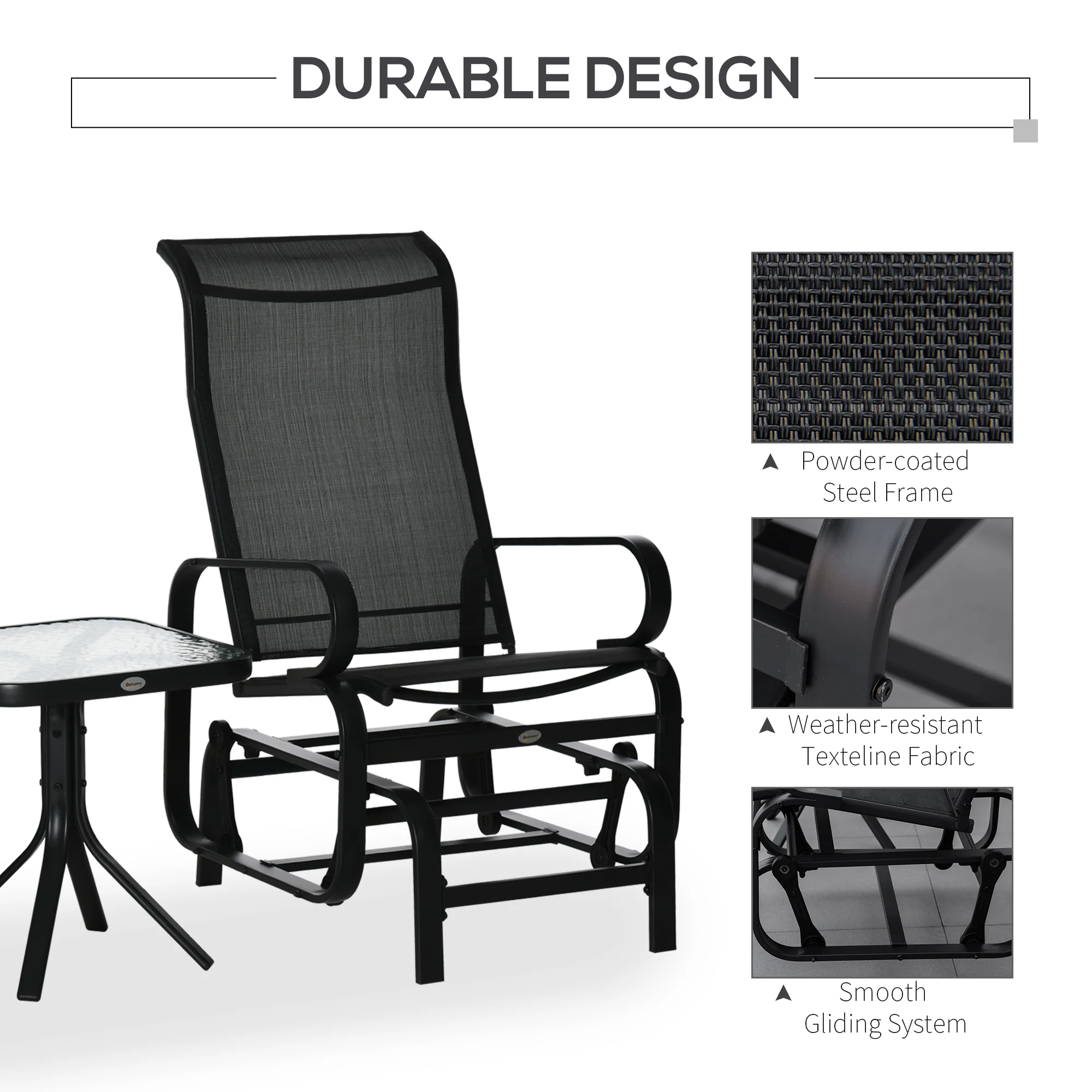 Glider Rocking Chair Set with Glass Top Coffee Table & Breath Mesh Fabric Seat, Black - Image 7