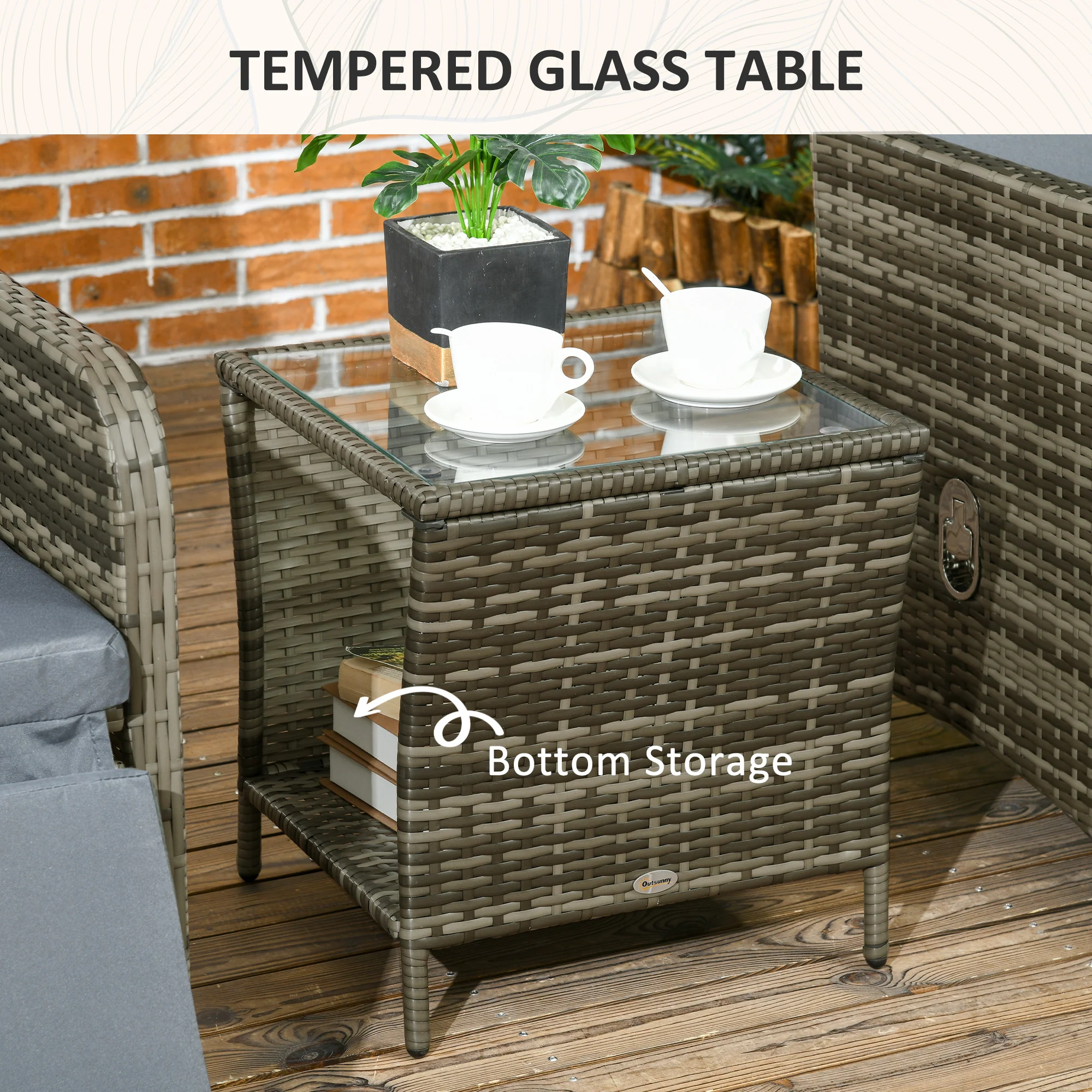 3 Pieces Garden Rattan Bistro Set with Adjustable Backrest Armchairs & Glass Top Table, Mix-Grey - Image 9