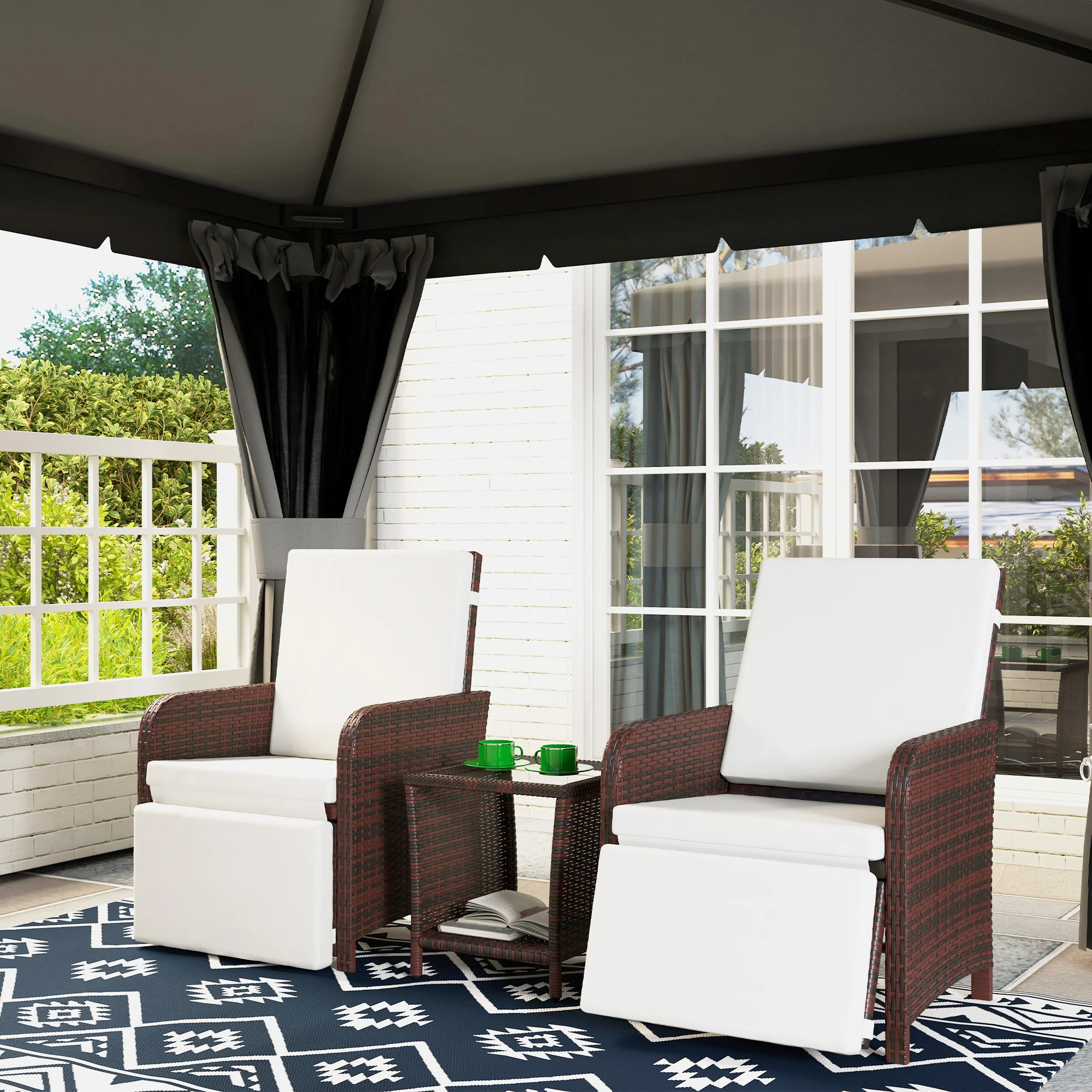 3 Pieces Garden Rattan Bistro Set with Adjustable Backrest Armchairs & Glass Top Table, Mixed-Brown - Image 11