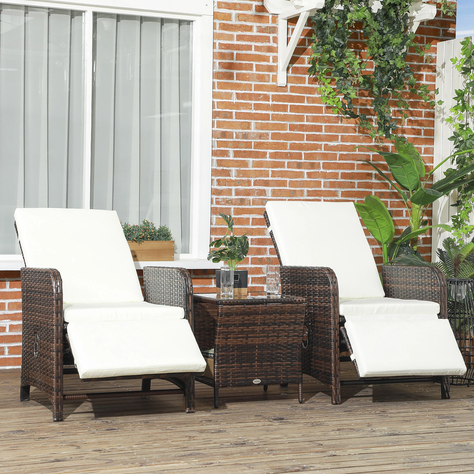 3 Pieces Garden Rattan Bistro Set with Adjustable Backrest Armchairs & Glass Top Table, Mixed-Brown - Image 3