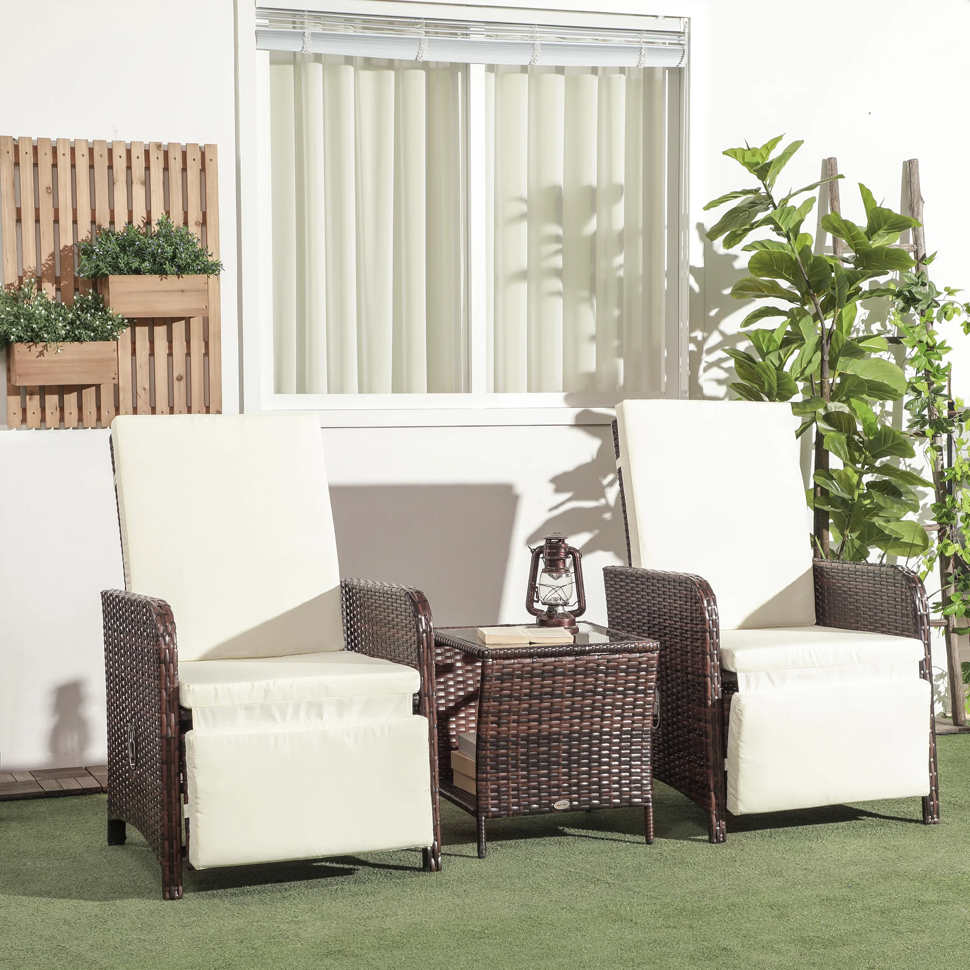 3 Pieces Garden Rattan Bistro Set with Adjustable Backrest Armchairs & Glass Top Table, Mixed-Brown - Image 4