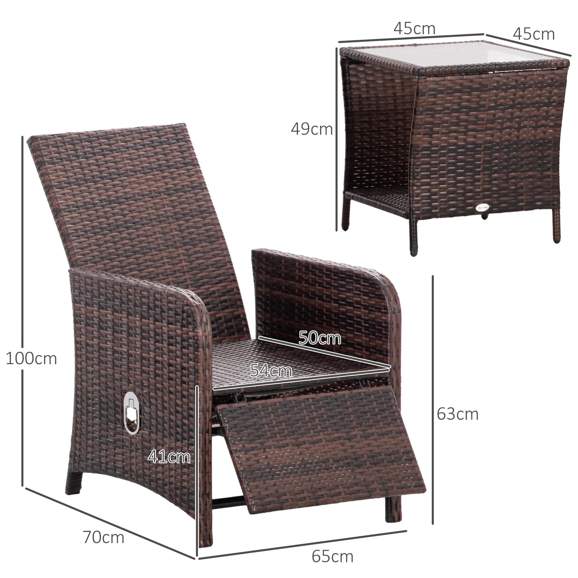 3 Pieces Garden Rattan Bistro Set with Adjustable Backrest Armchairs & Glass Top Table, Mixed-Brown - Image 5