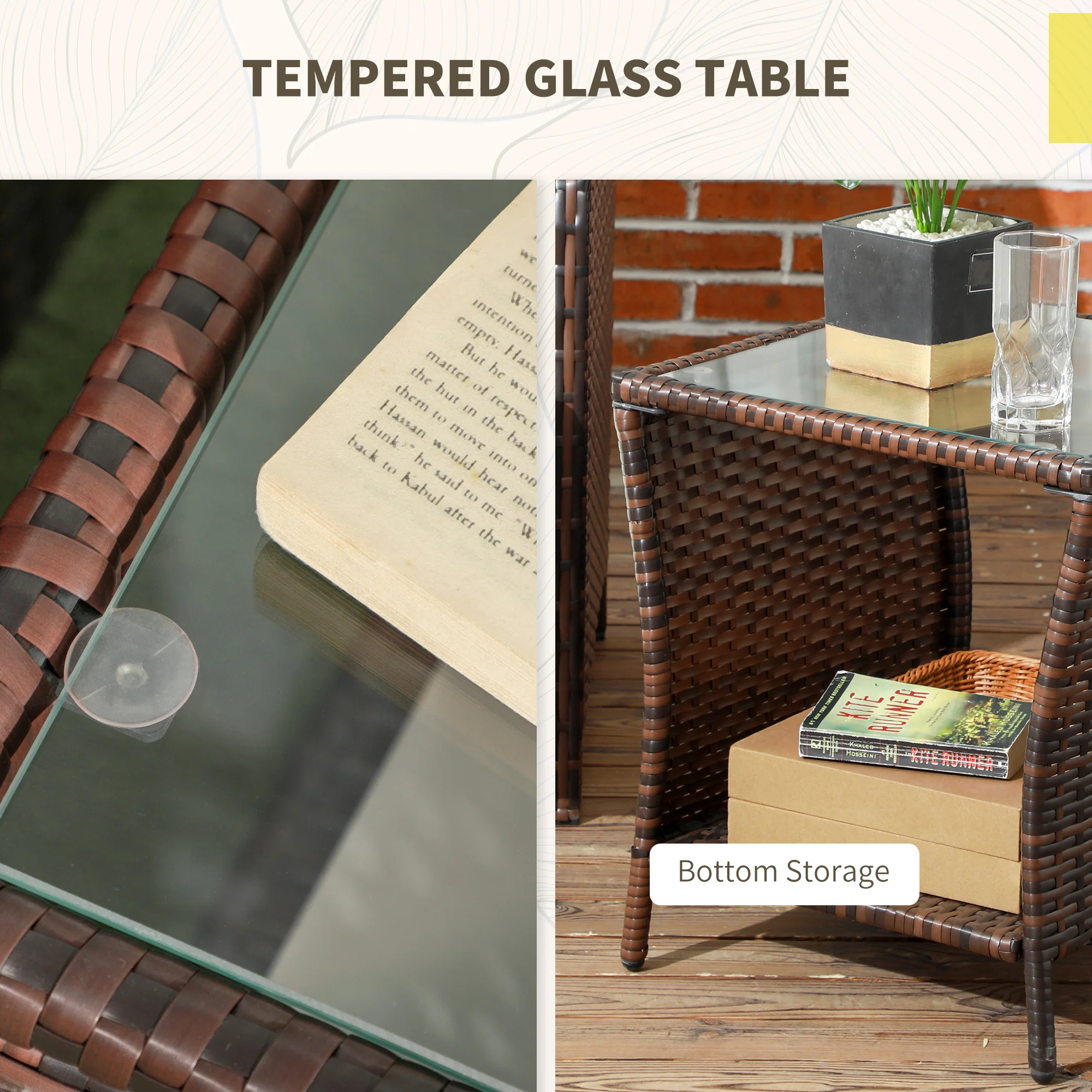 3 Pieces Garden Rattan Bistro Set with Adjustable Backrest Armchairs & Glass Top Table, Mixed-Brown - Image 9