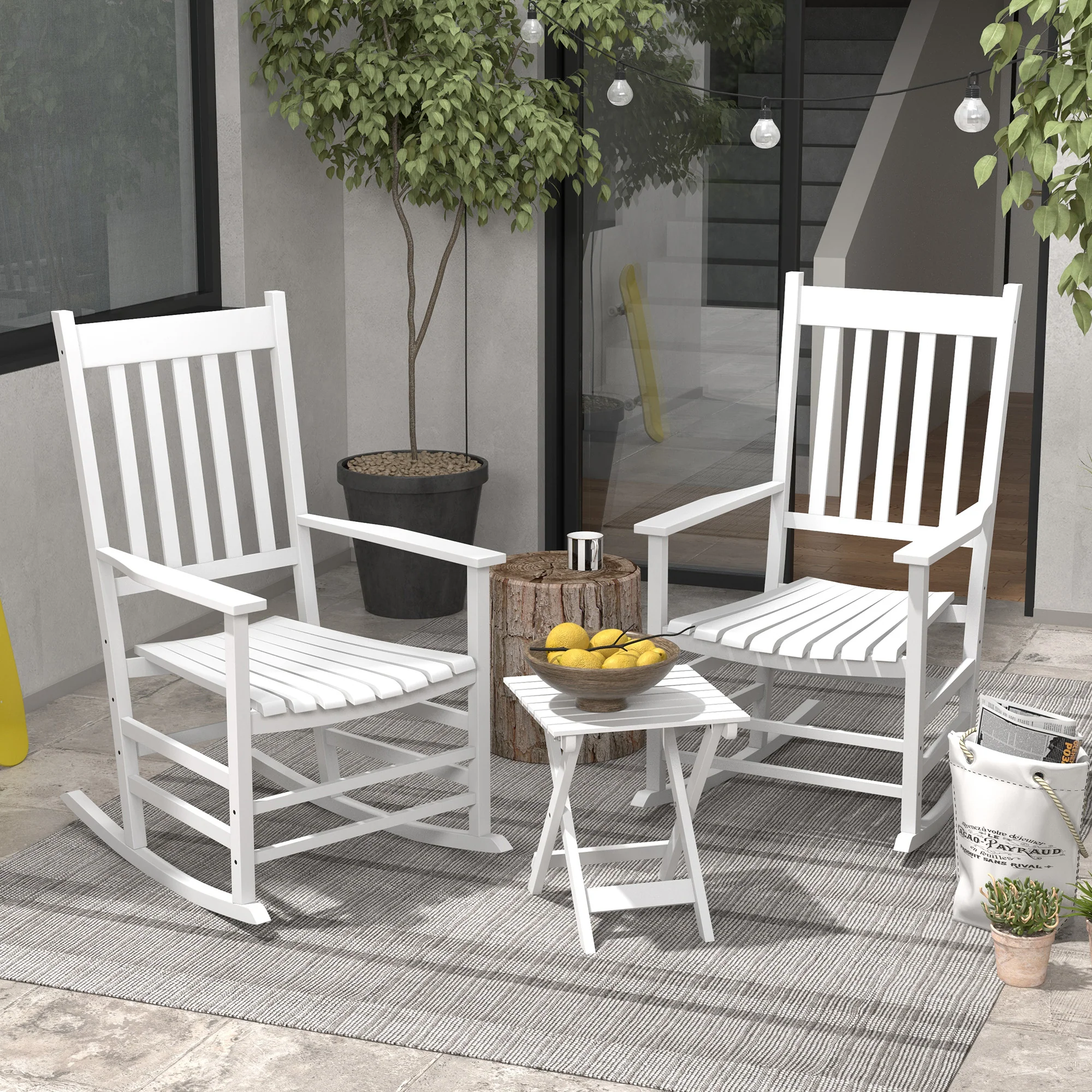 3 Pieces Outdoor Wooden Patio Rocking High Back Chair Set w/ Folding Table, White - Image 4