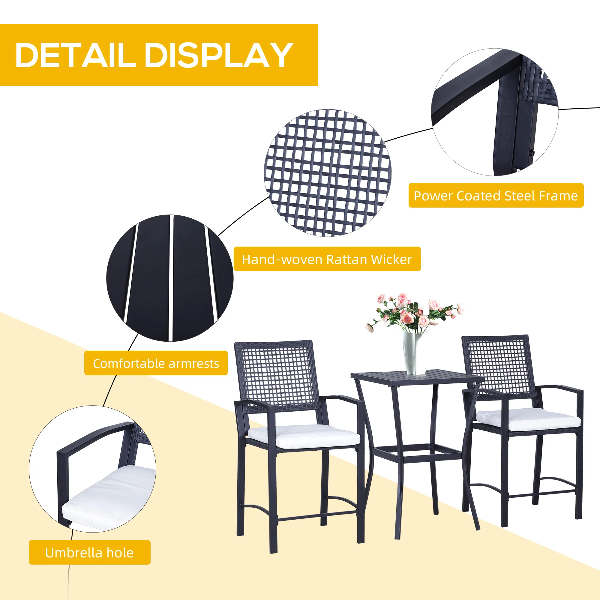 3pc Rattan Patio Bar Set w/ Cushions, All Weather Wicker Bar Height Furniture, Cream White - Image 8