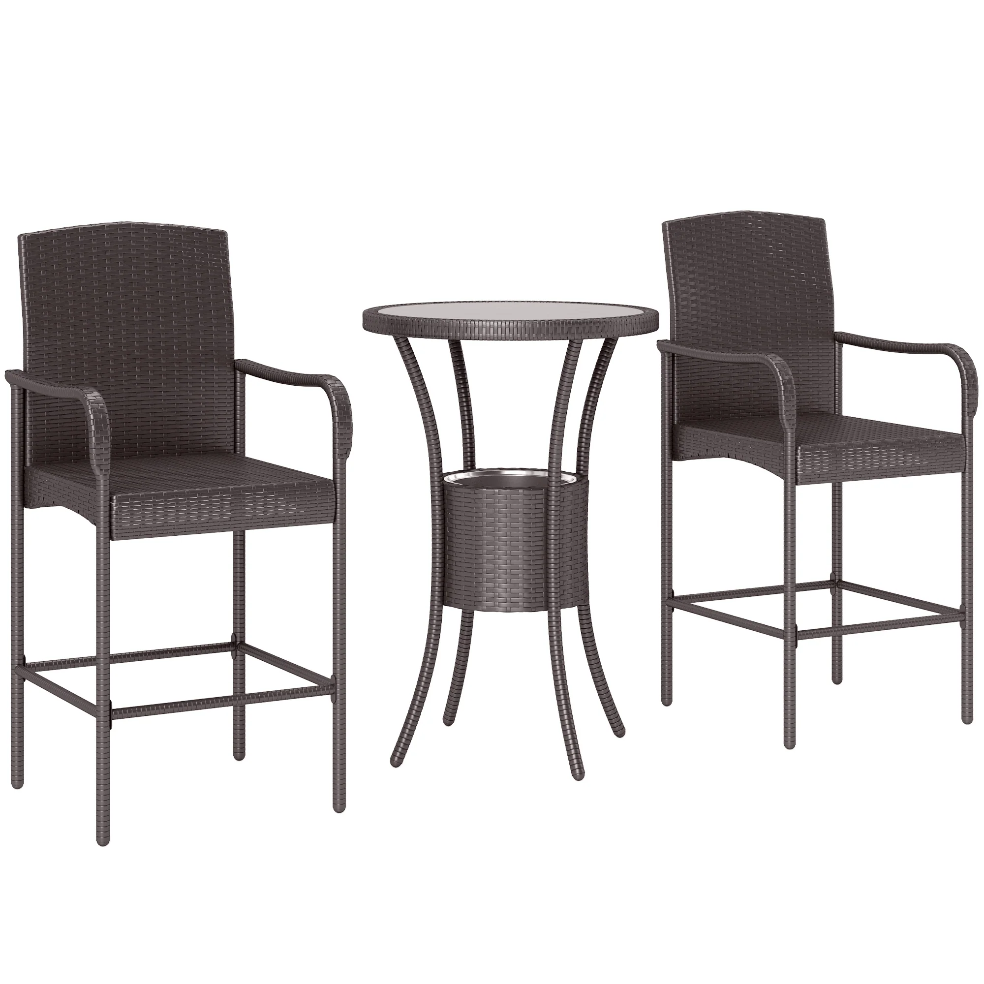 3Pcs Rattan Patio Bar Set, Outdoor Conversation Furniture Set w/ Ice Bucket, Dark Brown - Image 2