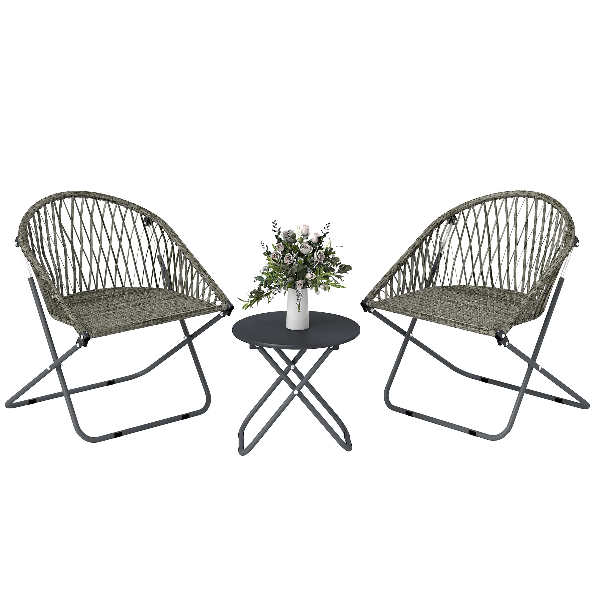 3 Piece Patio Bistro Set with Folding Rattan Chairs, Grey
