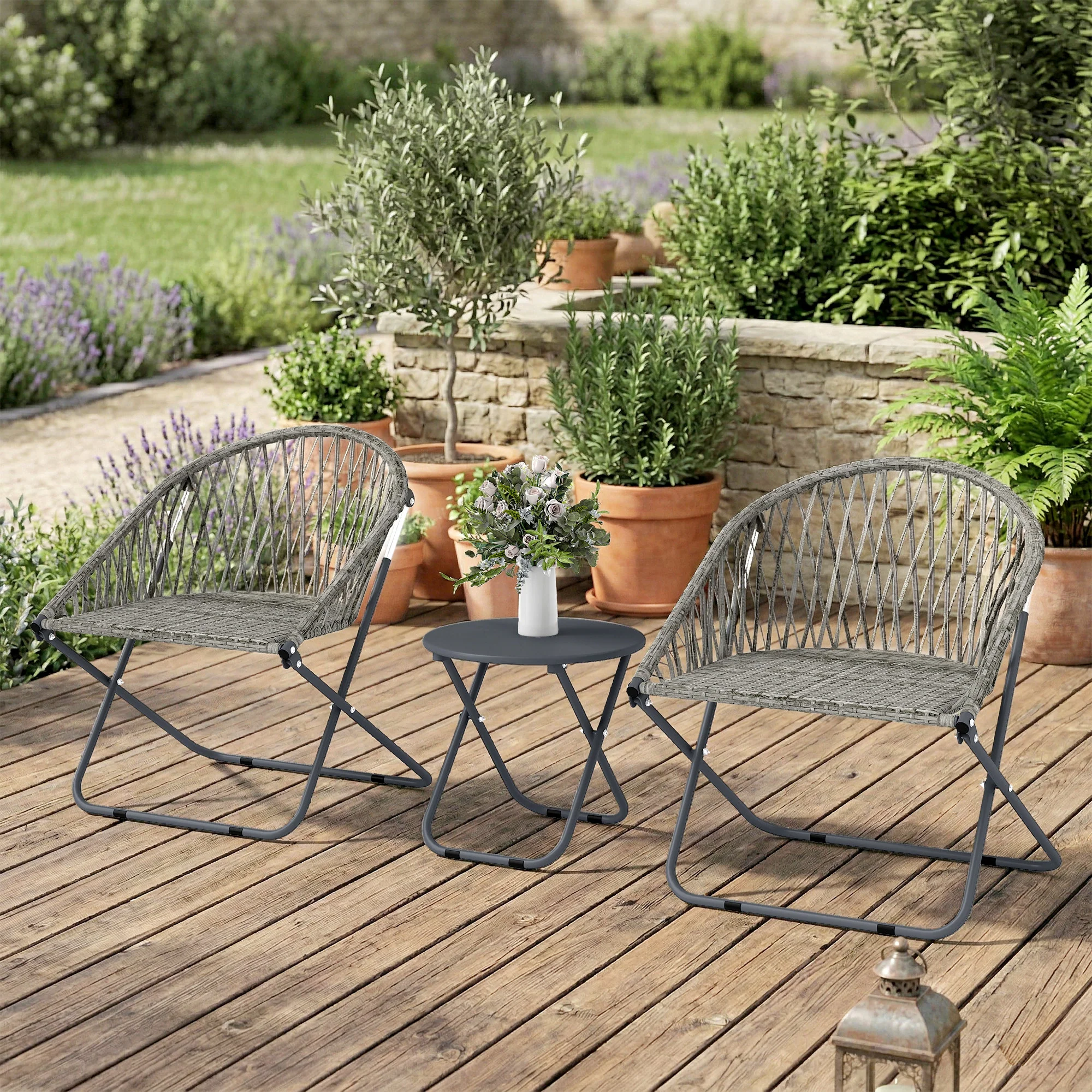 3 Piece Patio Bistro Set with Folding Rattan Chairs, Grey - Image 11