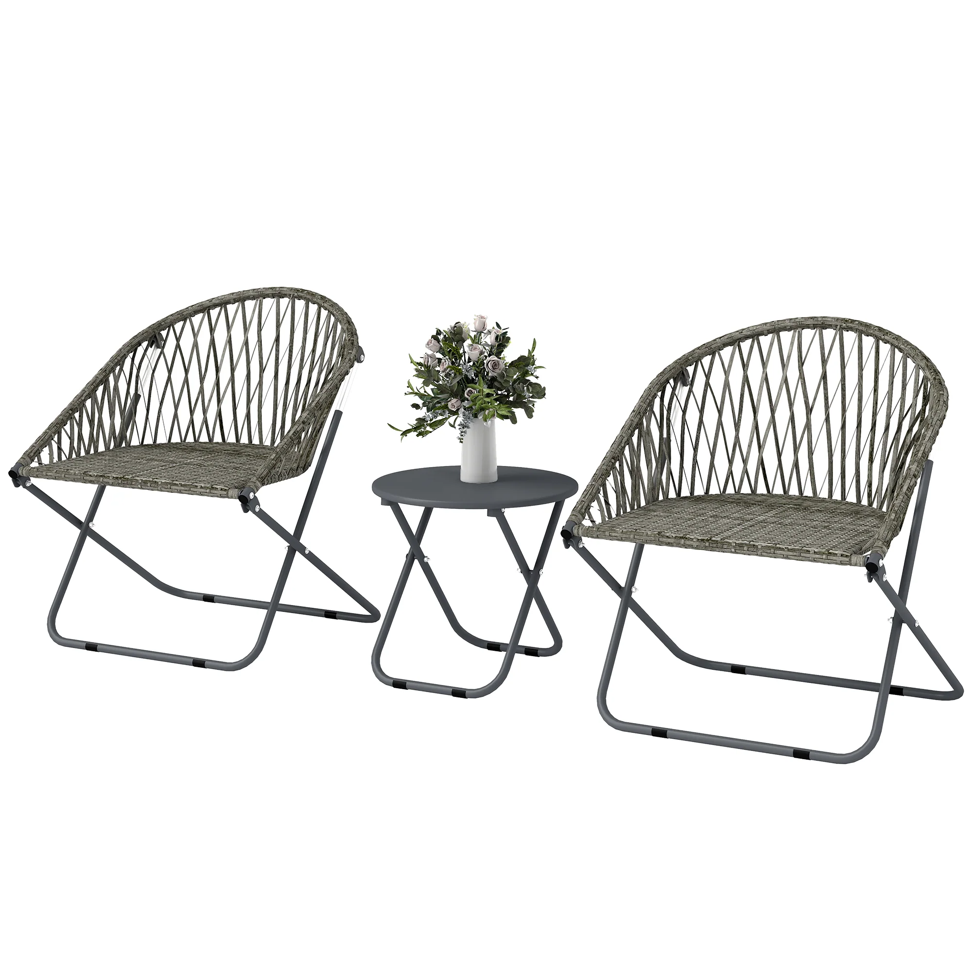 3 Piece Patio Bistro Set with Folding Rattan Chairs, Grey - Image 2