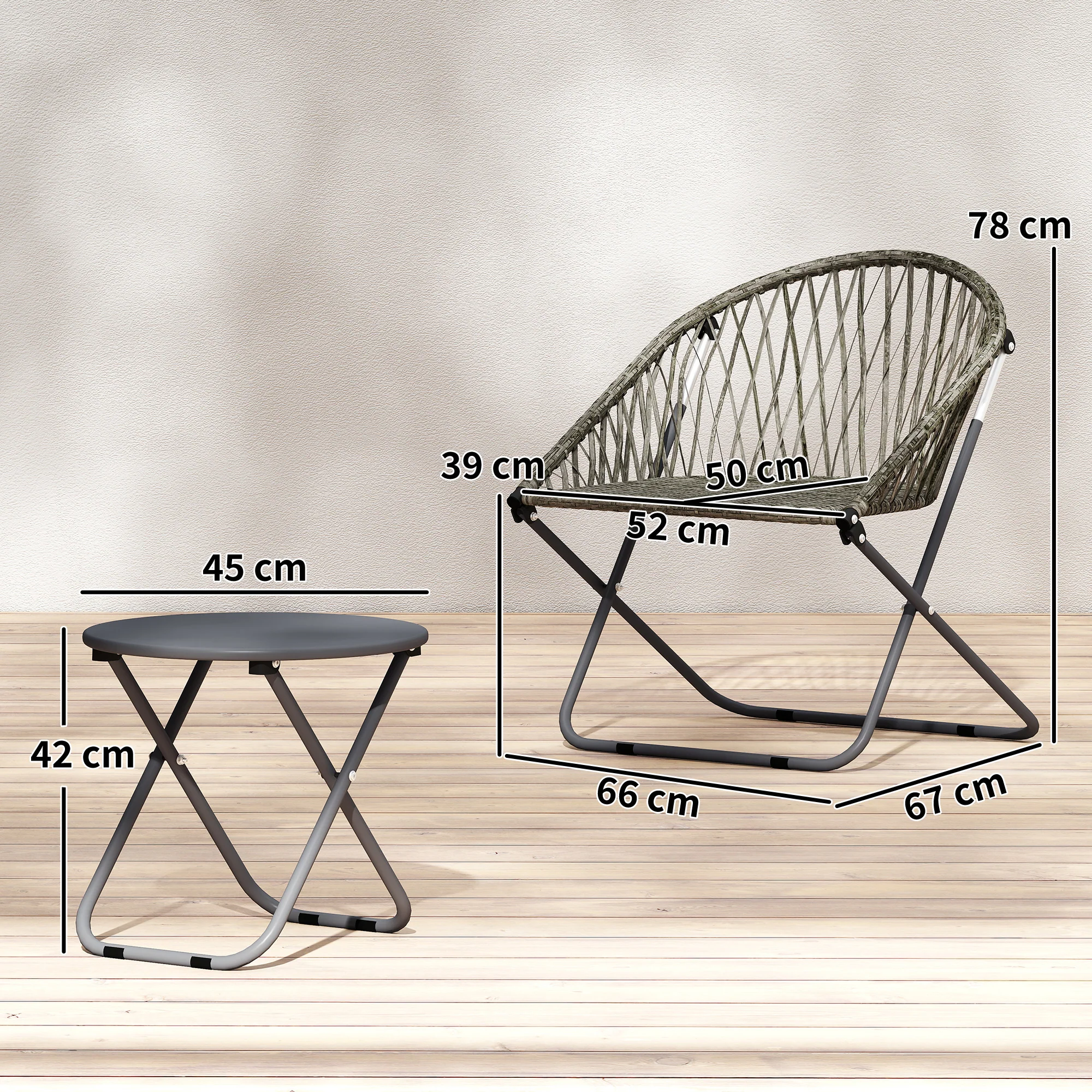 3 Piece Patio Bistro Set with Folding Rattan Chairs, Grey - Image 5