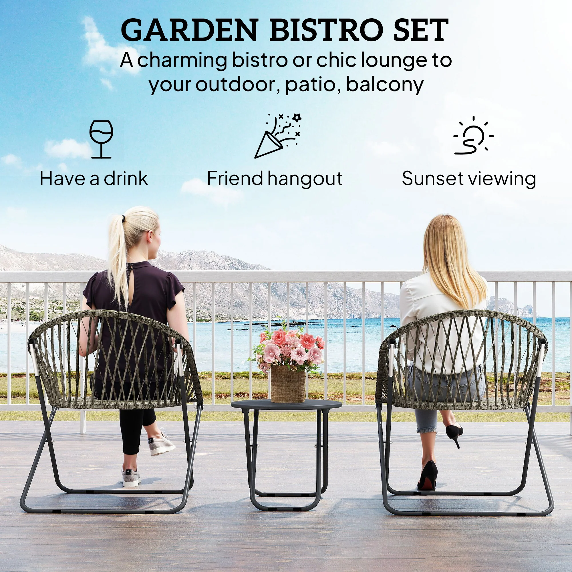 3 Piece Patio Bistro Set with Folding Rattan Chairs, Grey - Image 6