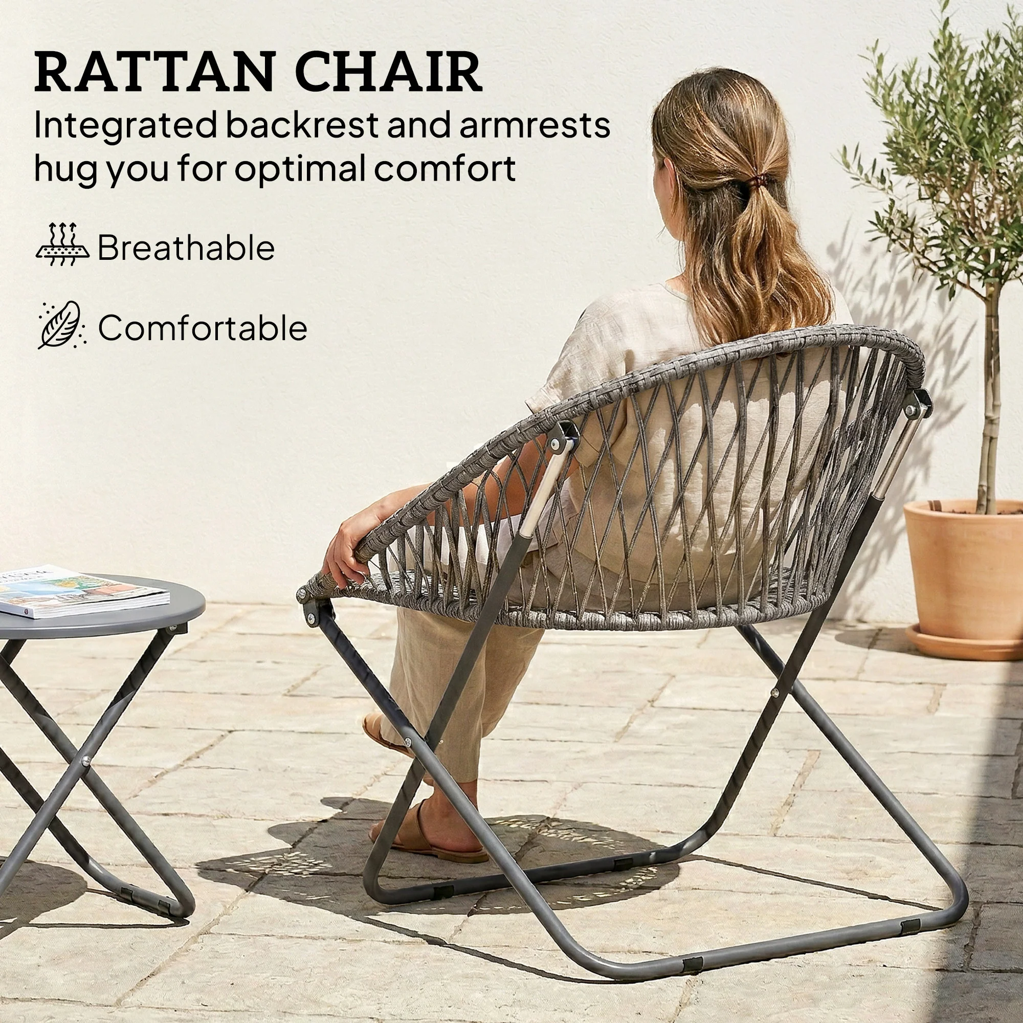 3 Piece Patio Bistro Set with Folding Rattan Chairs, Grey - Image 8