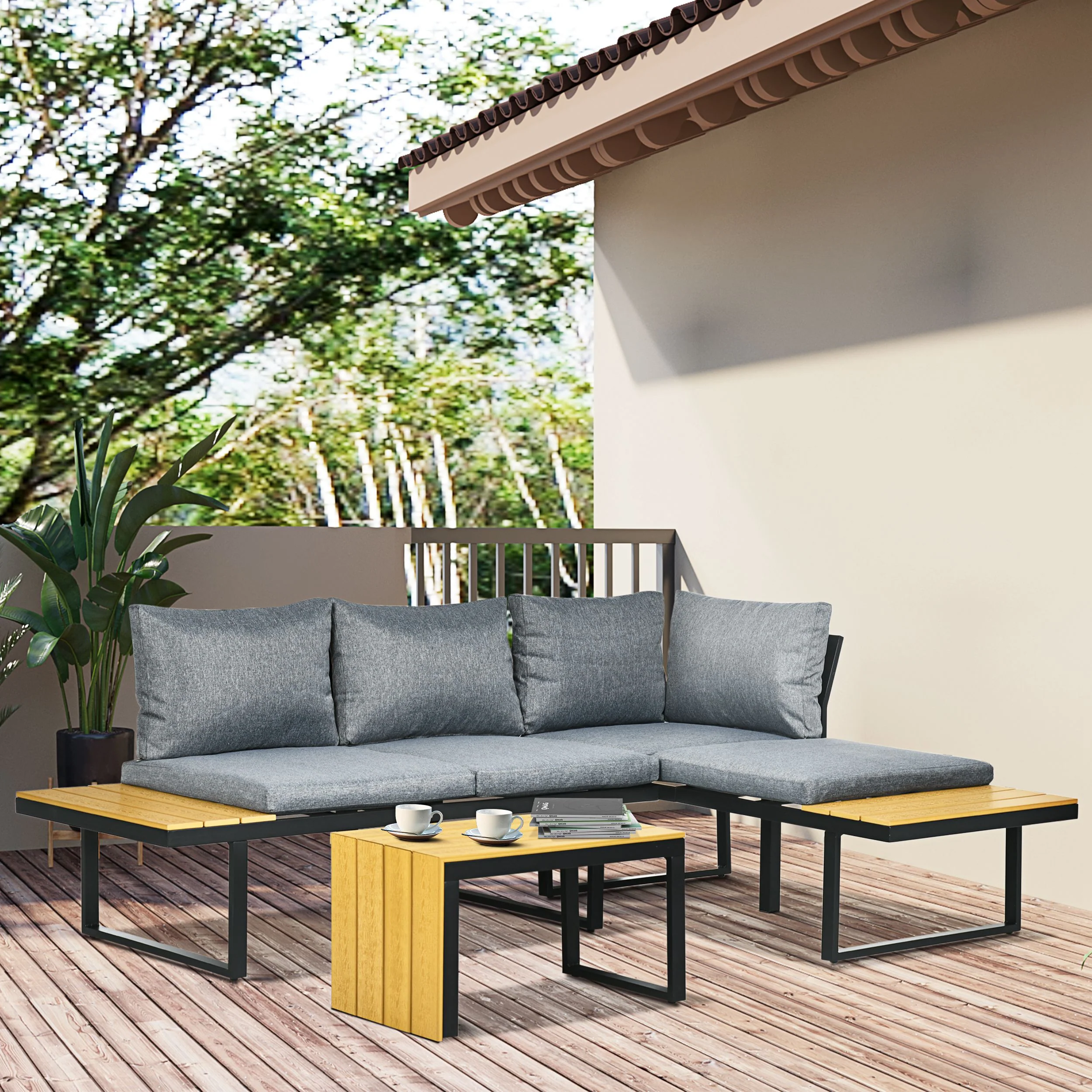 FlexNook 3 Pieces Patio Sofa Conversation Set w/ Cushions, Wood Grain Table & Side Panel, Dark Grey - Image 4