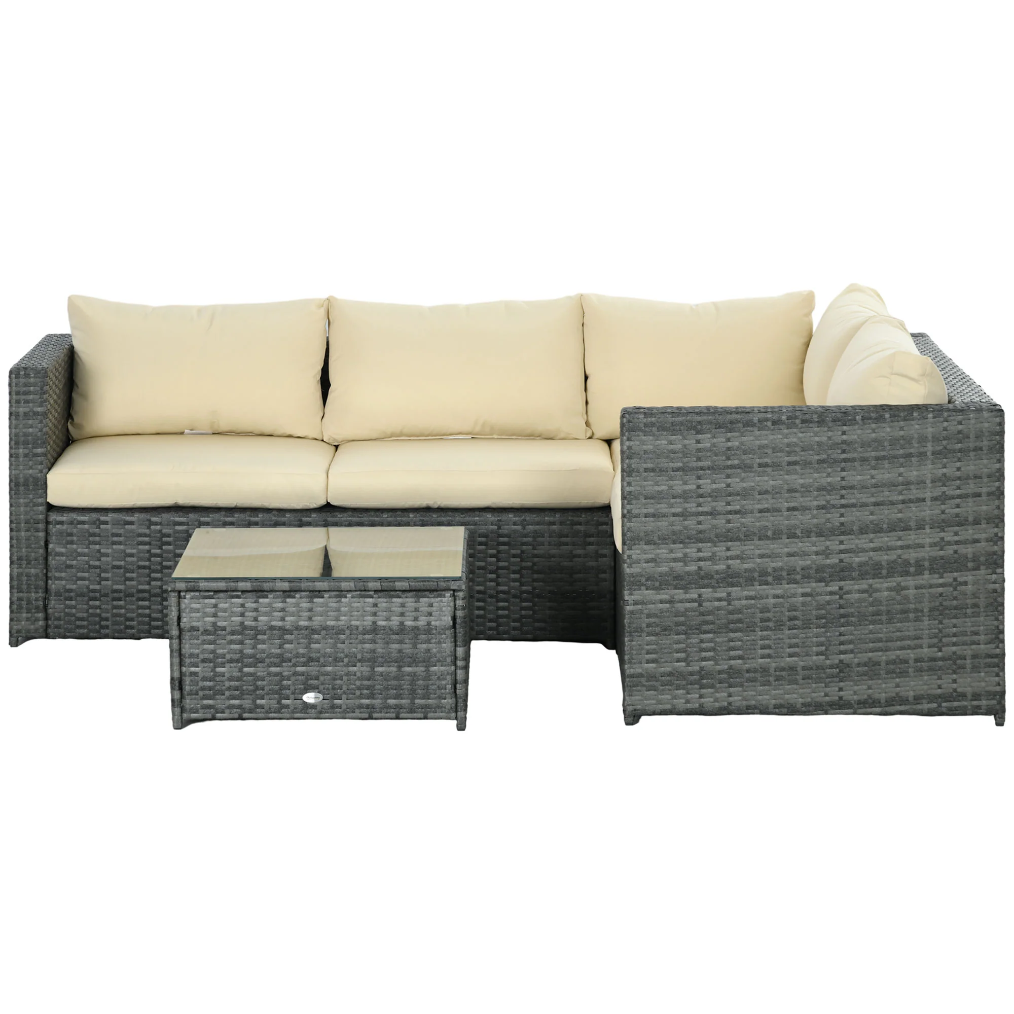 3 Piece PE Rattan Garden Furniture Set with Thick Cushions & Glass Table, Beige - Image 2