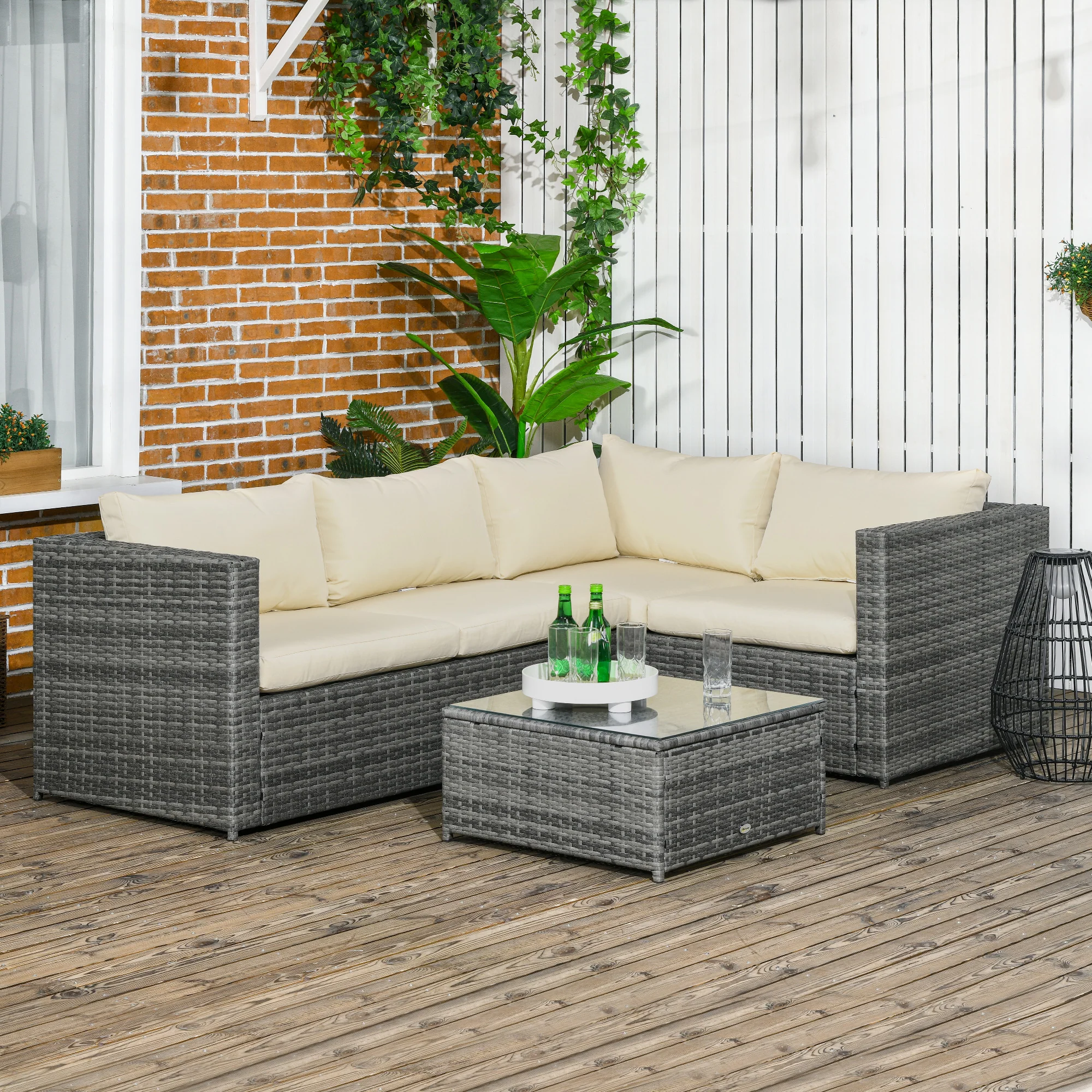 3 Piece PE Rattan Garden Furniture Set with Thick Cushions & Glass Table, Beige - Image 4