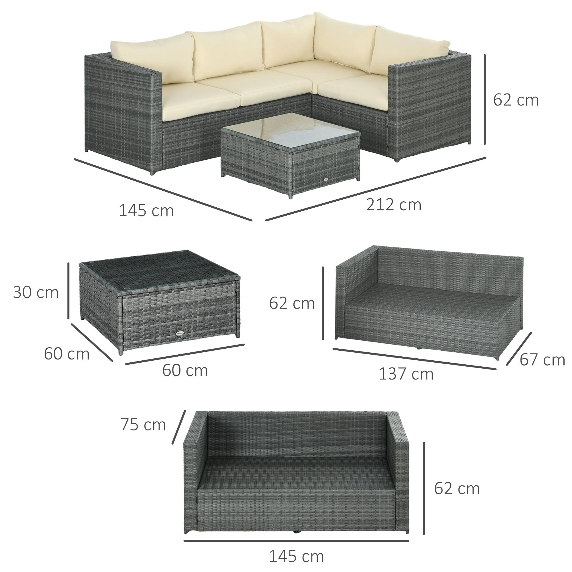 3 Piece PE Rattan Garden Furniture Set with Thick Cushions & Glass Table, Beige - Image 5