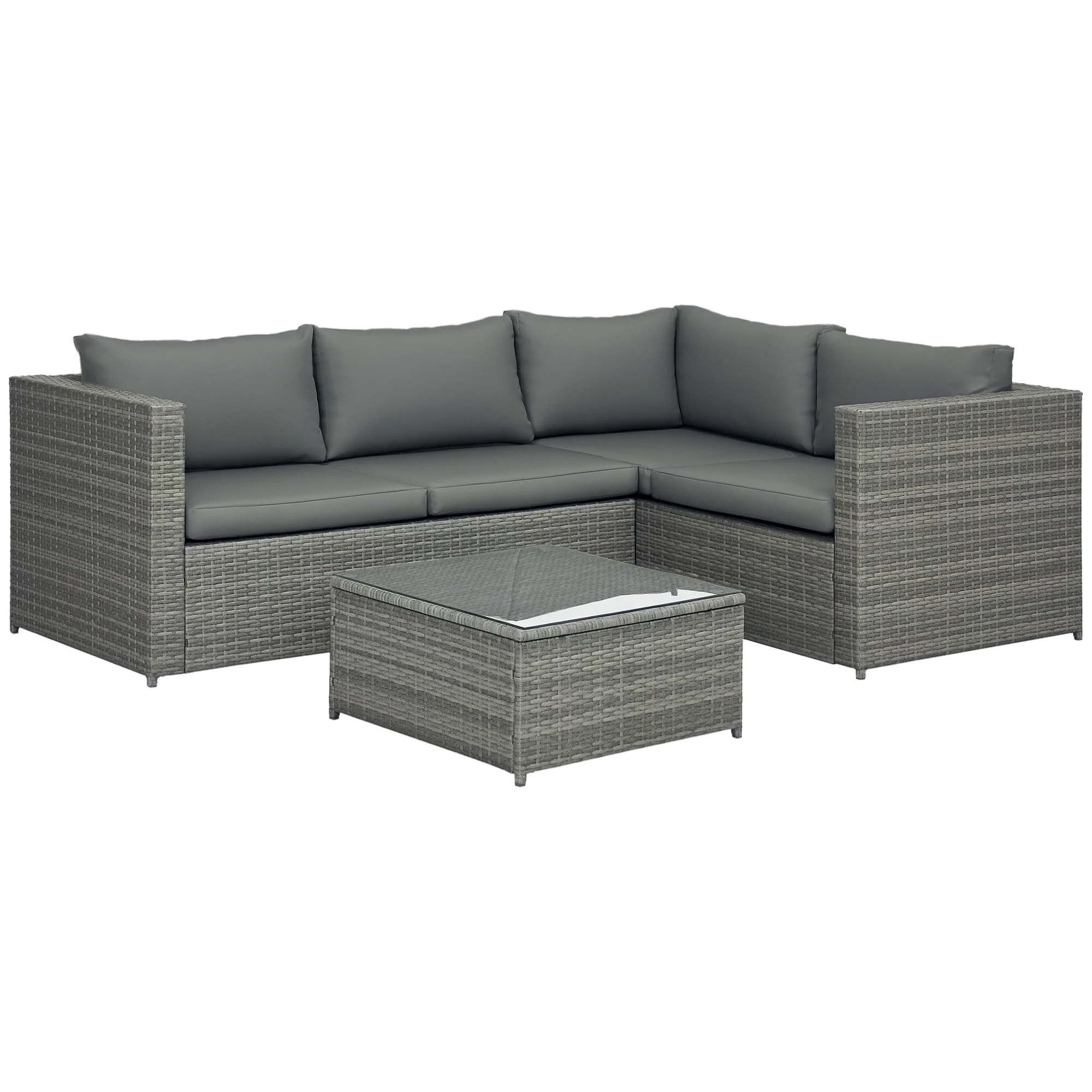 3 Piece PE Rattan Garden Furniture Set with Thick Cushions & Glass Table, Grey