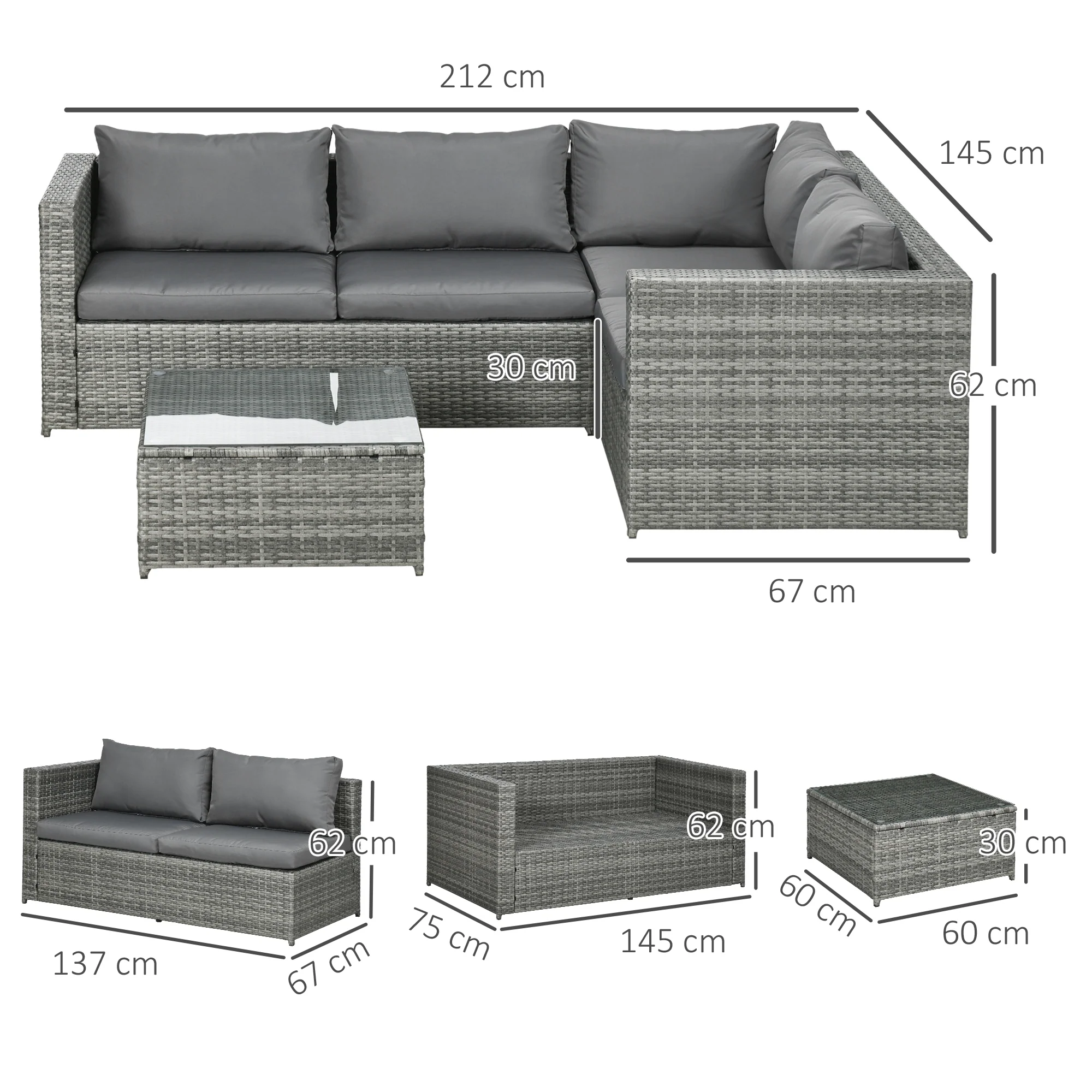 3 Piece PE Rattan Garden Furniture Set with Thick Cushions & Glass Table, Grey - Image 5