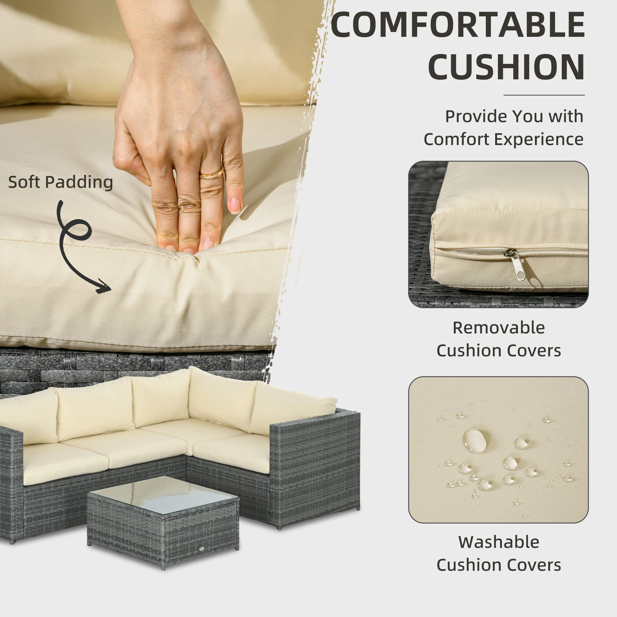 3 Piece PE Rattan Garden Furniture Set with Thick Cushions & Glass Table, Beige - Image 7