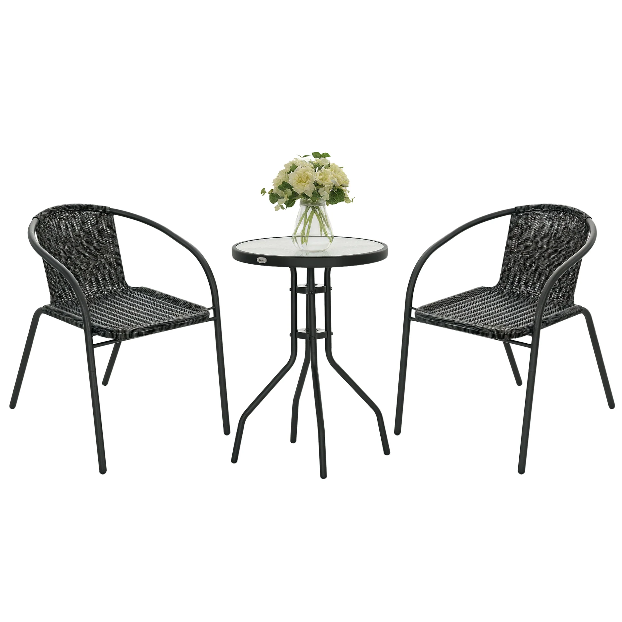 3 Piece Rattan Bistro Set with Coffee Table & Stackable Chairs, Black