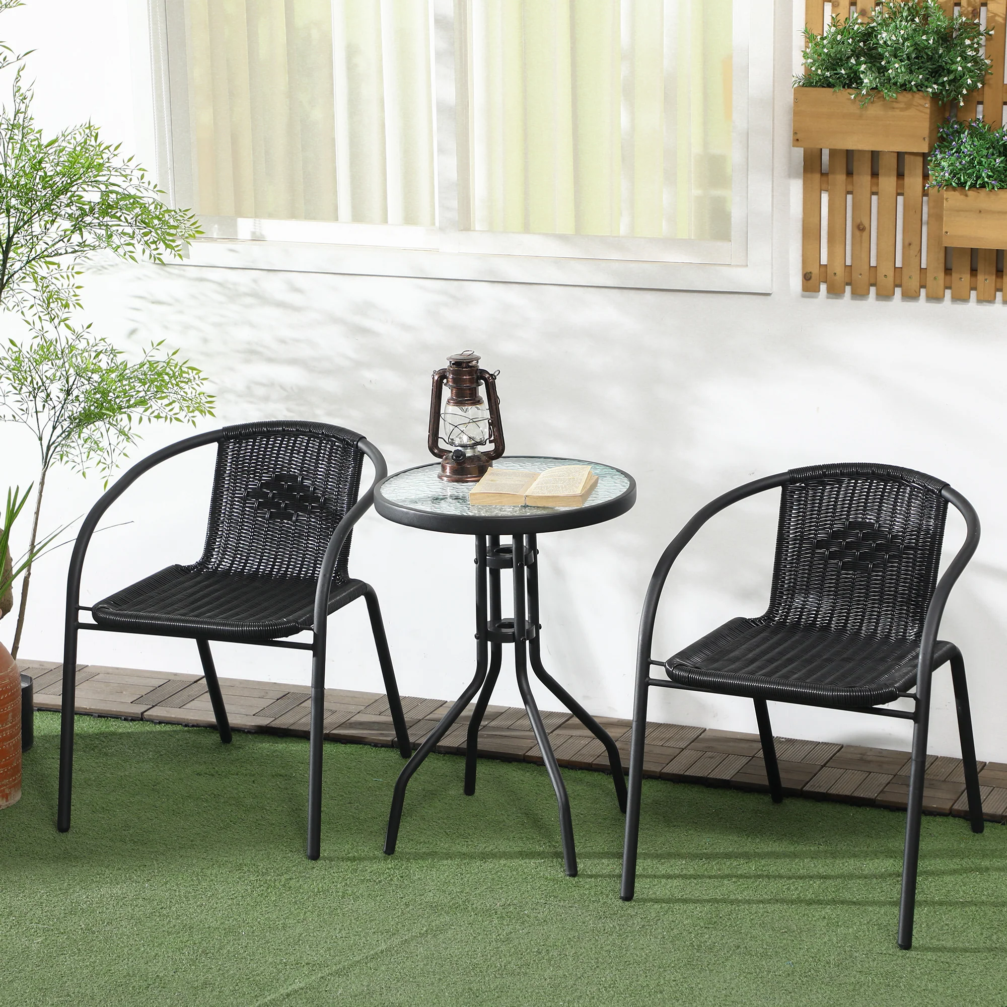 3 Piece Rattan Bistro Set with Coffee Table & Stackable Chairs, Black - Image 4
