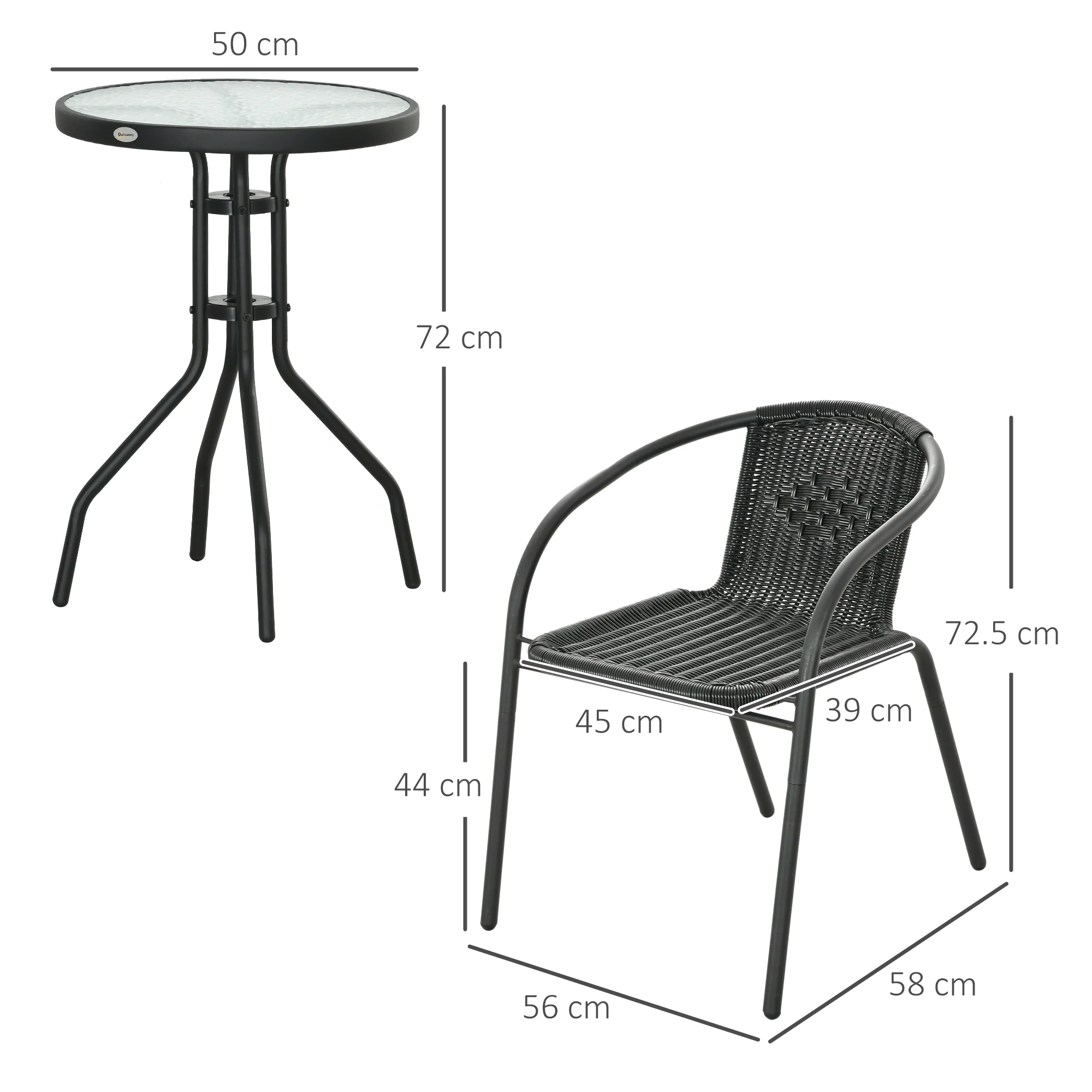 3 Piece Rattan Bistro Set with Coffee Table & Stackable Chairs, Black - Image 5