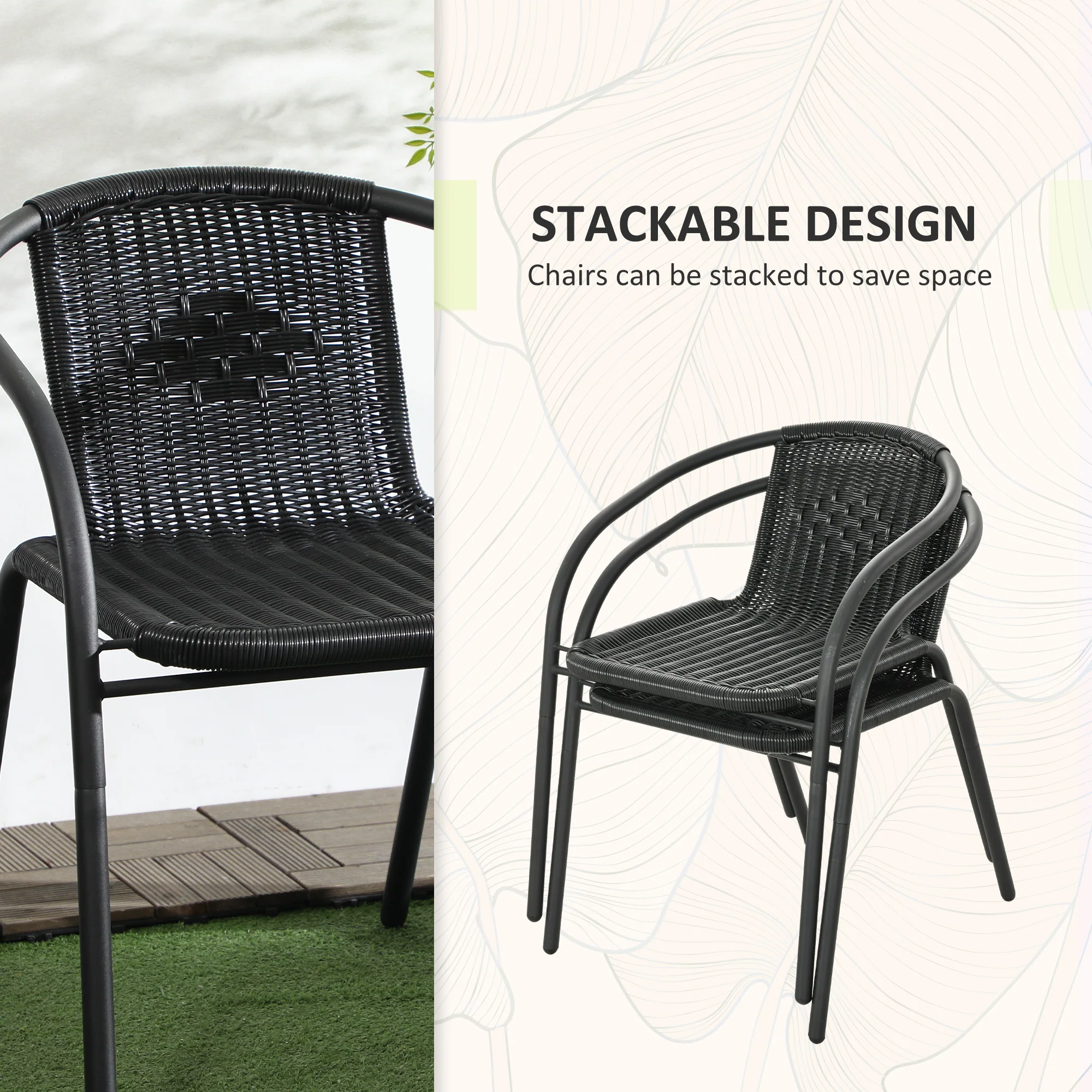 3 Piece Rattan Bistro Set with Coffee Table & Stackable Chairs, Black - Image 7