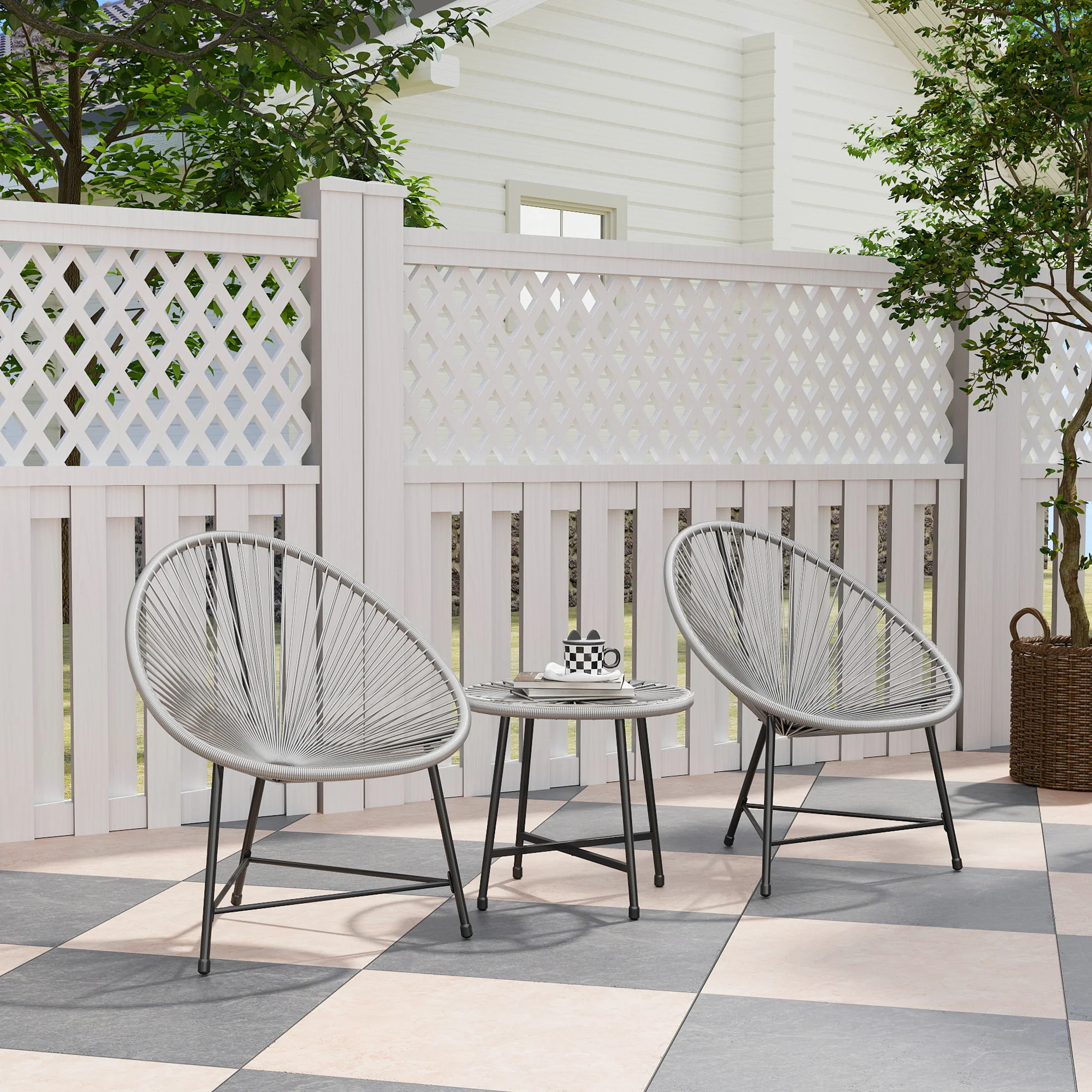 3 Pieces Rattan Bistro Set with Acapulco Chairs, Glass Top Table & Metal Frame, Grey - Image 3
