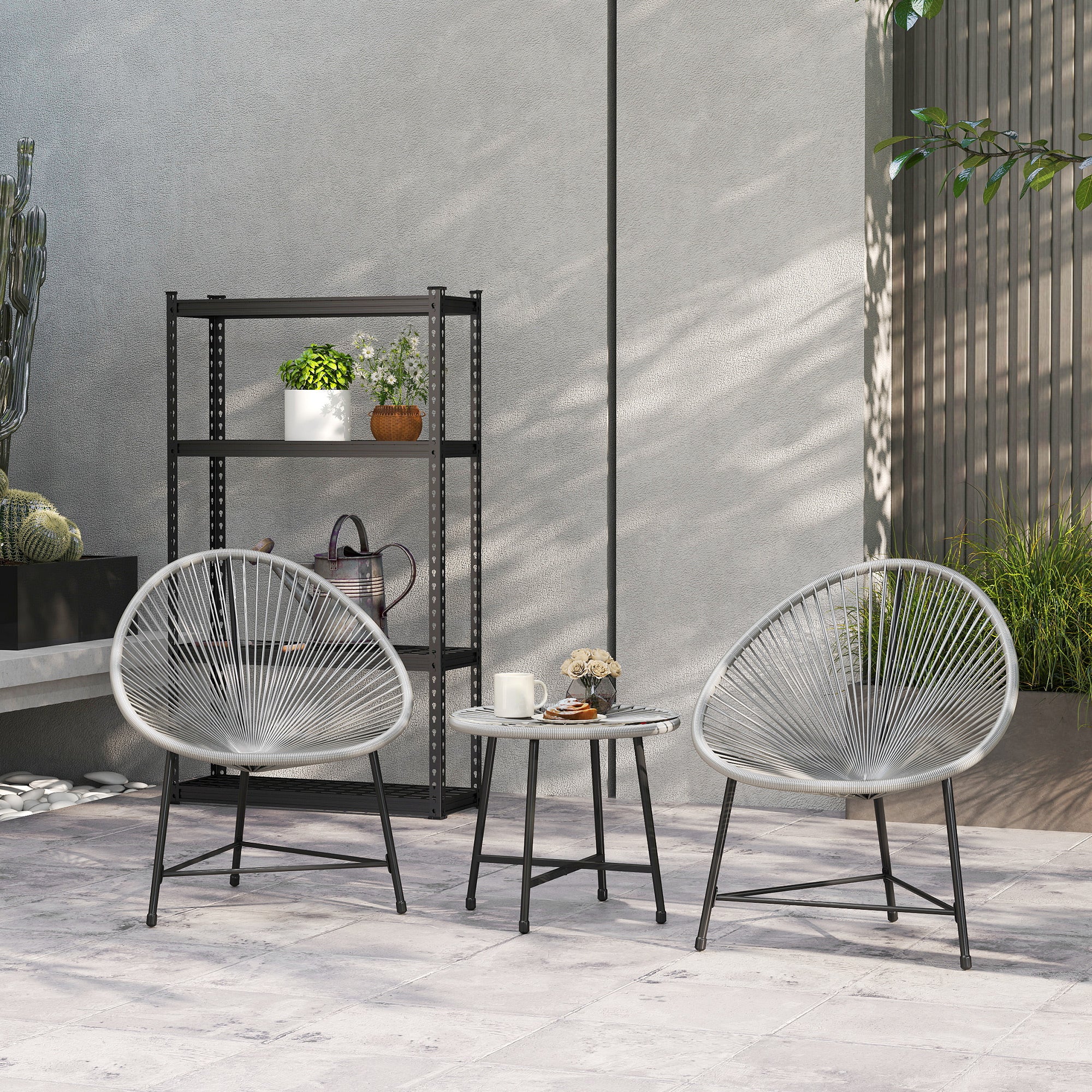 3 Pieces Rattan Bistro Set with Acapulco Chairs, Glass Top Table & Metal Frame, Grey - Image 4