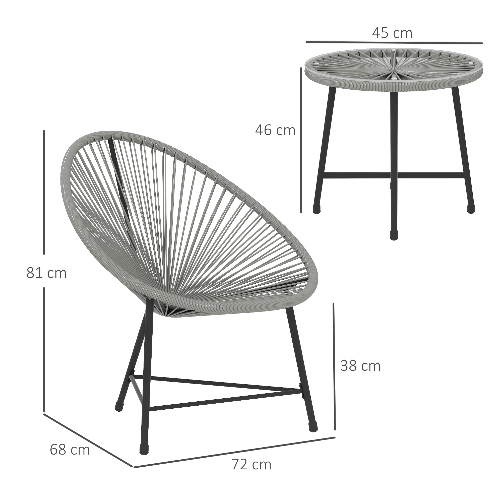 3 Pieces Rattan Bistro Set with Acapulco Chairs, Glass Top Table & Metal Frame, Grey - Image 5