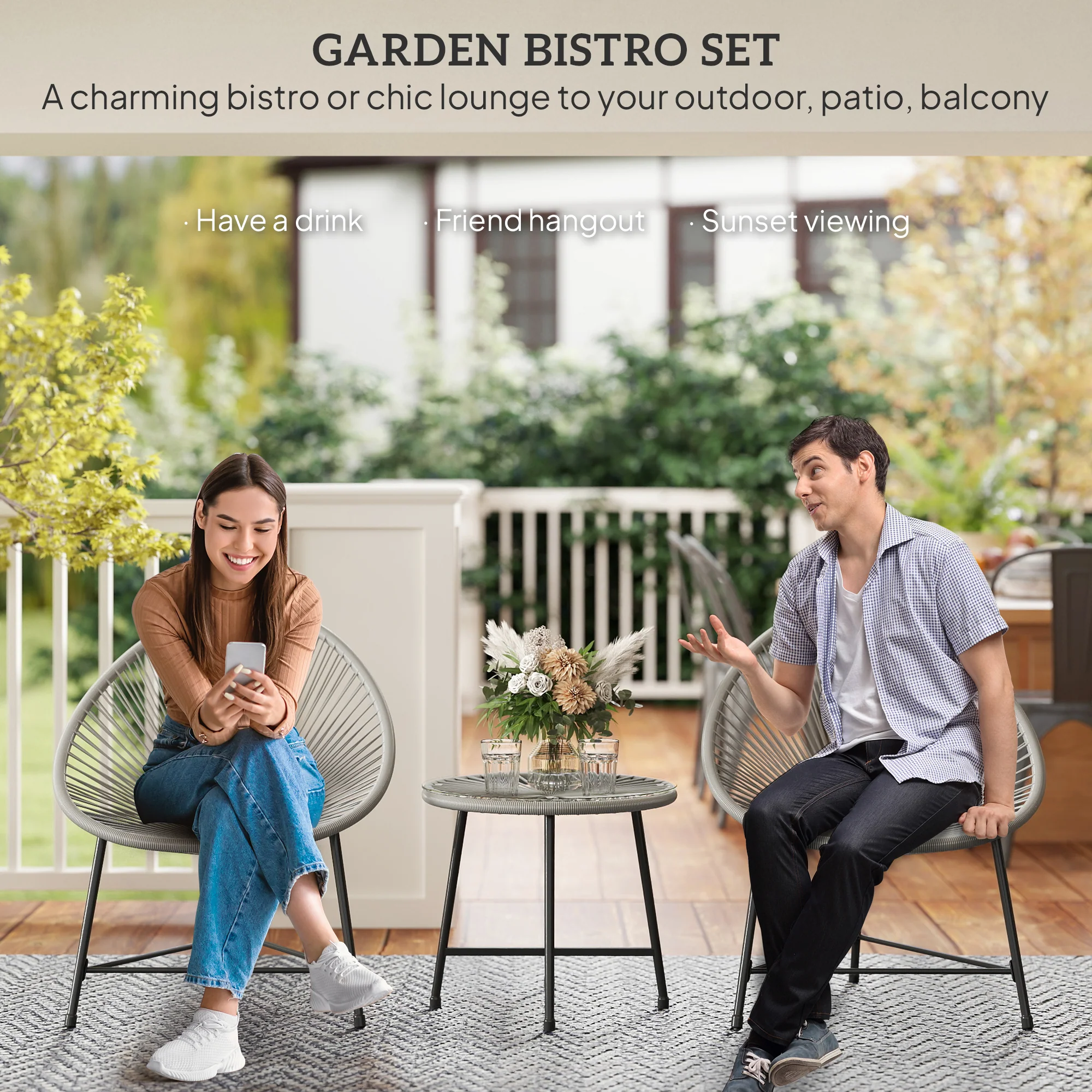 3 Pieces Rattan Bistro Set with Acapulco Chairs, Glass Top Table & Metal Frame, Grey - Image 6