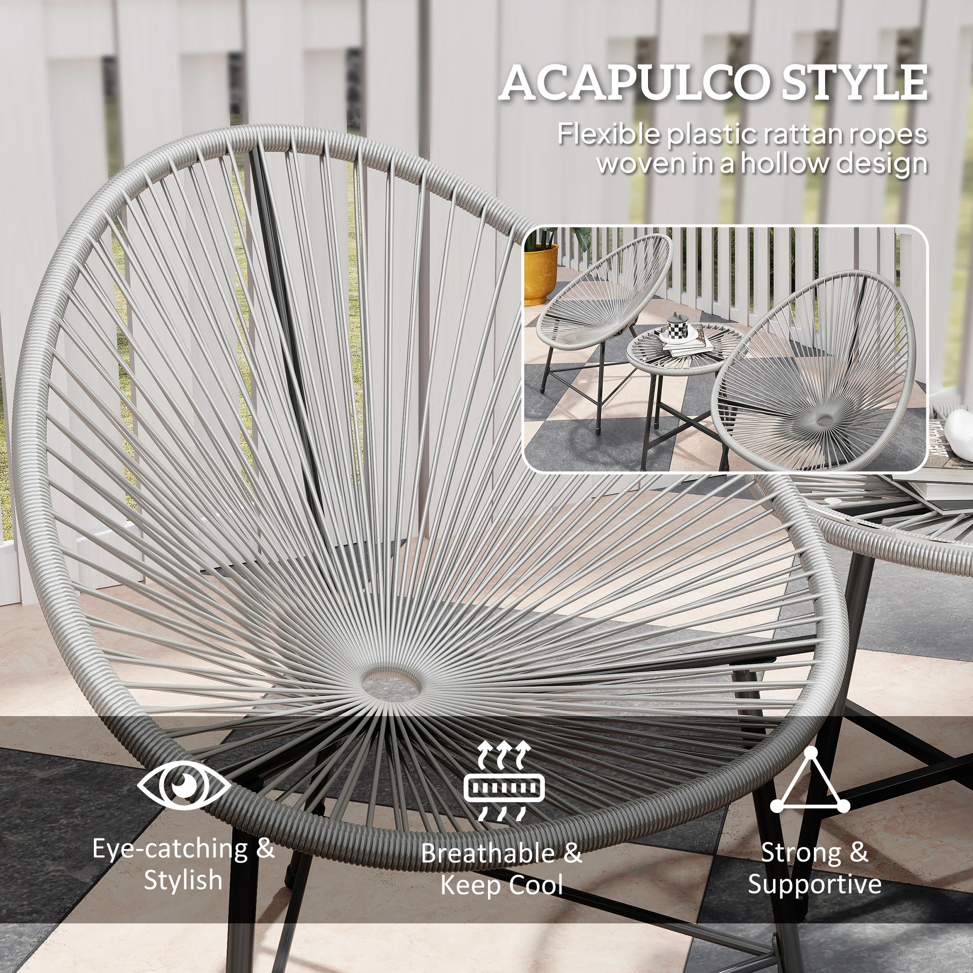 3 Pieces Rattan Bistro Set with Acapulco Chairs, Glass Top Table & Metal Frame, Grey - Image 7