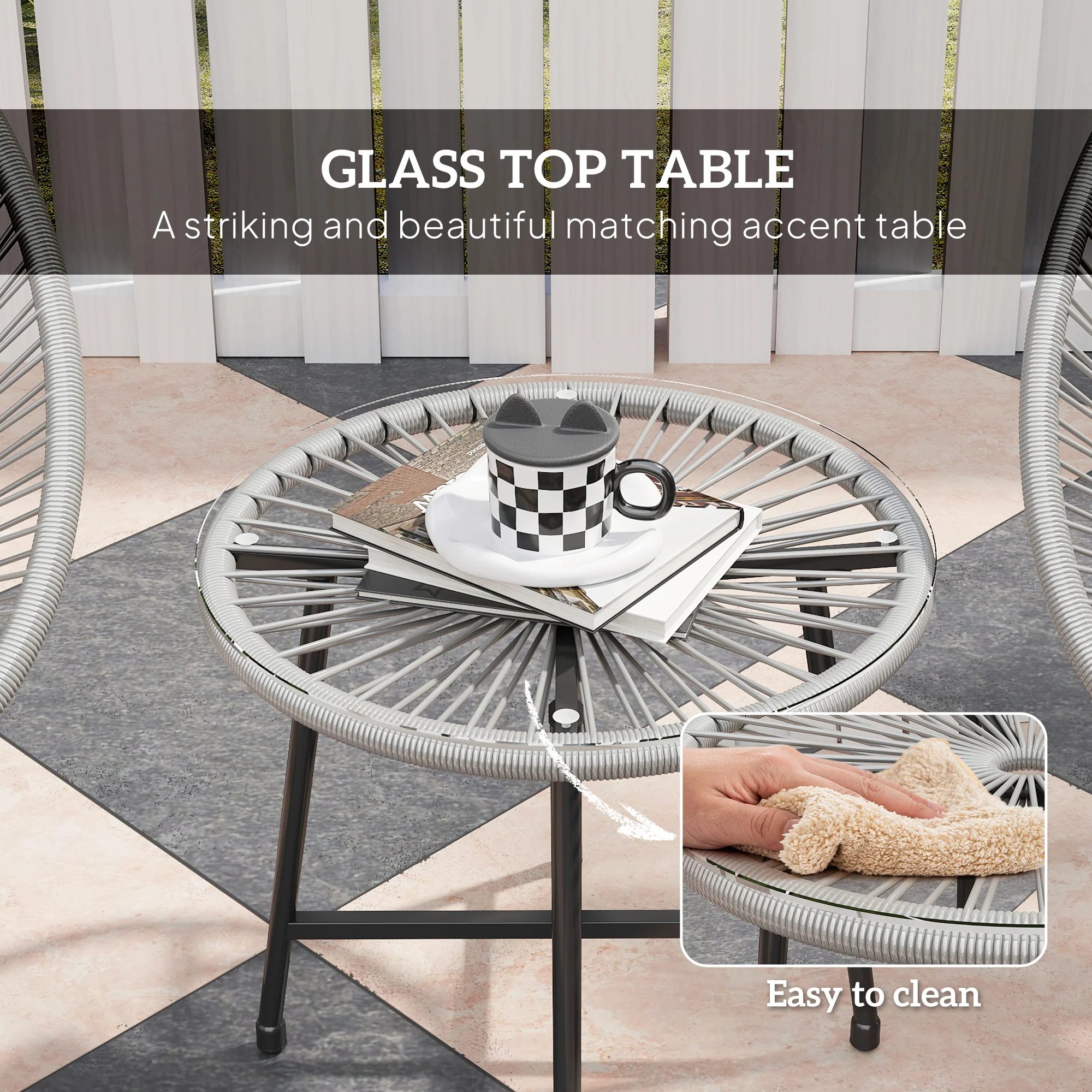 3 Pieces Rattan Bistro Set with Acapulco Chairs, Glass Top Table & Metal Frame, Grey - Image 8