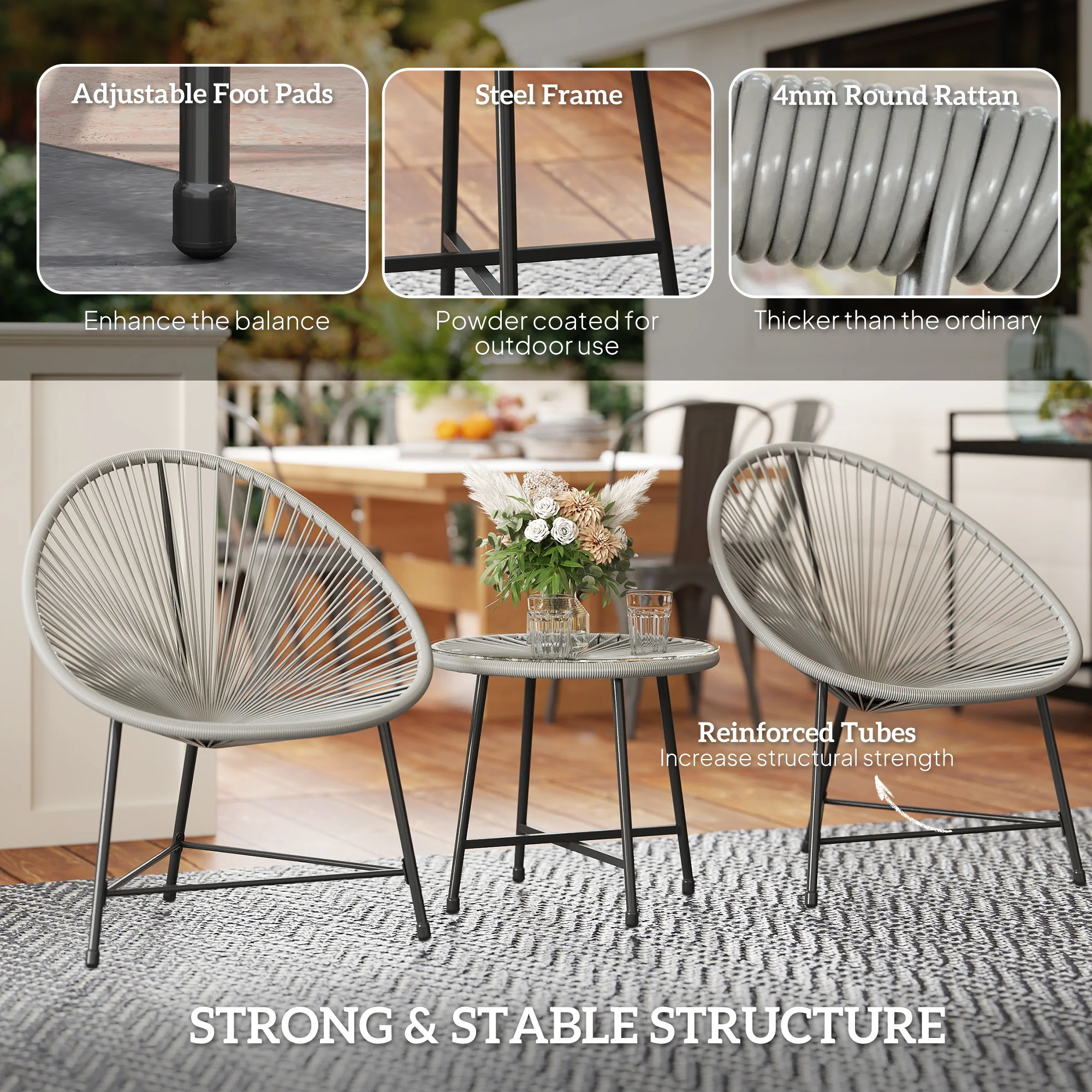 3 Pieces Rattan Bistro Set with Acapulco Chairs, Glass Top Table & Metal Frame, Grey - Image 9