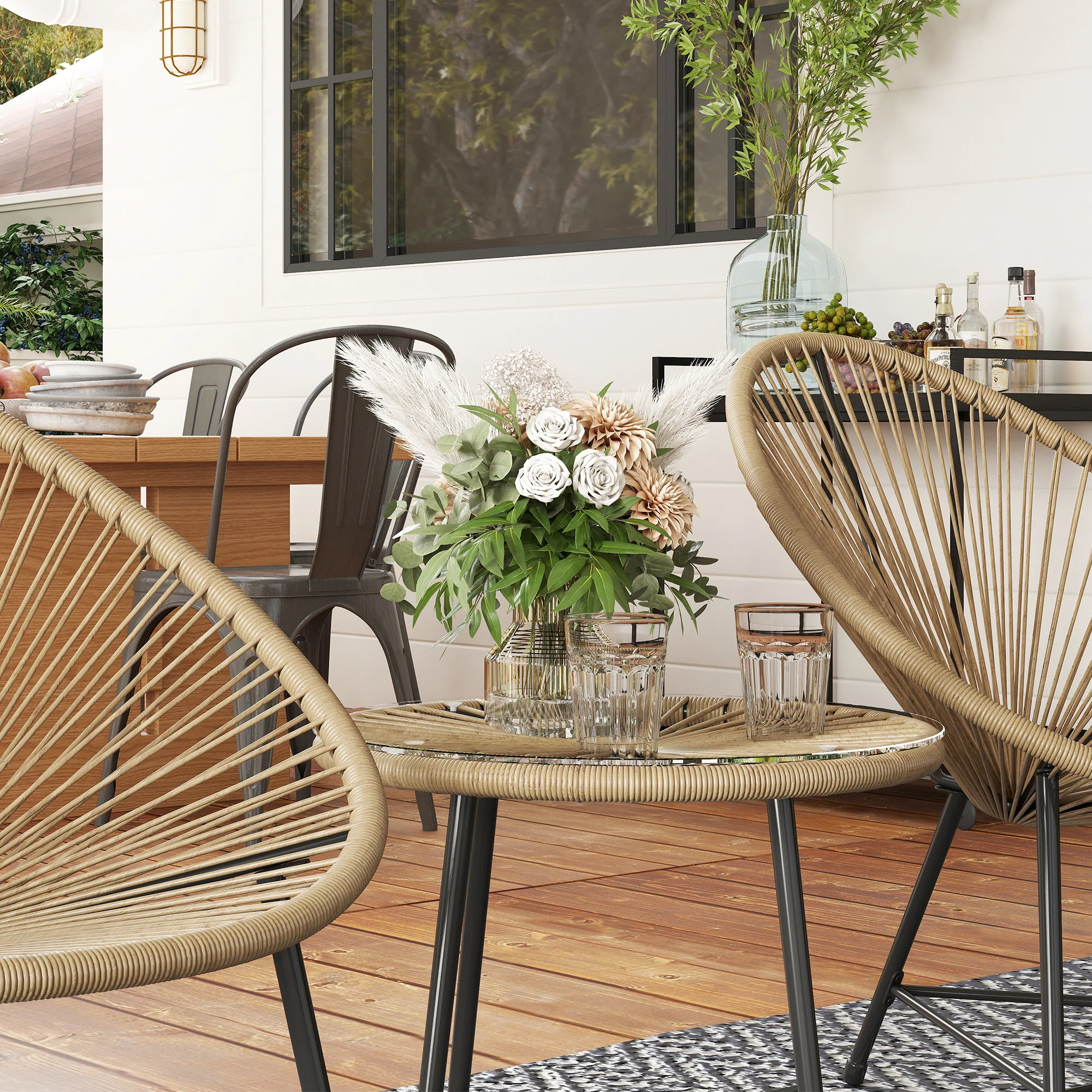 3 Pieces Rattan Bistro Set with Acapulco Chairs, Glass Top Table & Metal Frame, Natural - Image 10