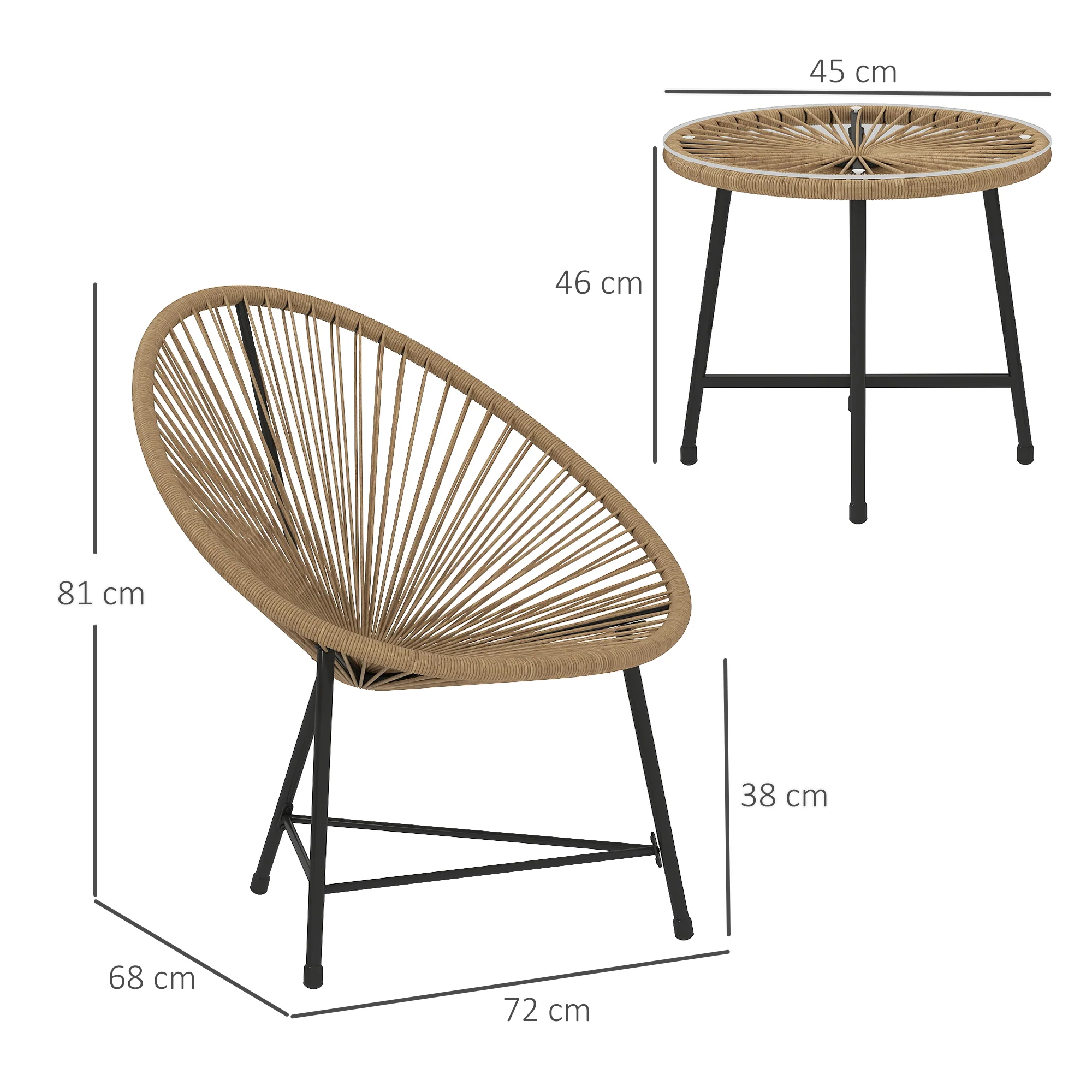 3 Pieces Rattan Bistro Set with Acapulco Chairs, Glass Top Table & Metal Frame, Natural - Image 5