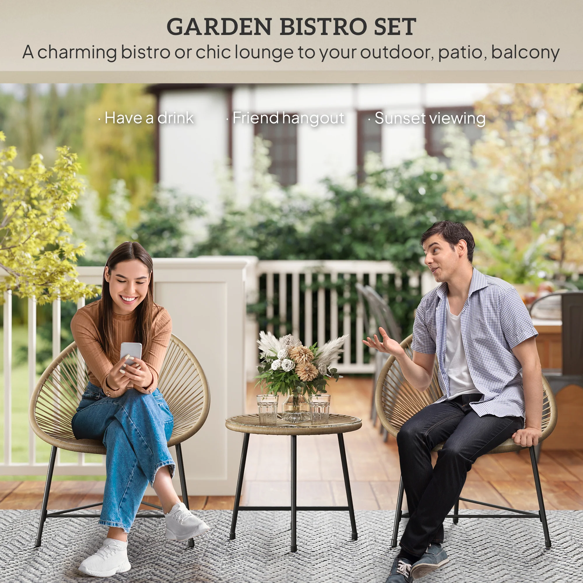 3 Pieces Rattan Bistro Set with Acapulco Chairs, Glass Top Table & Metal Frame, Natural - Image 6