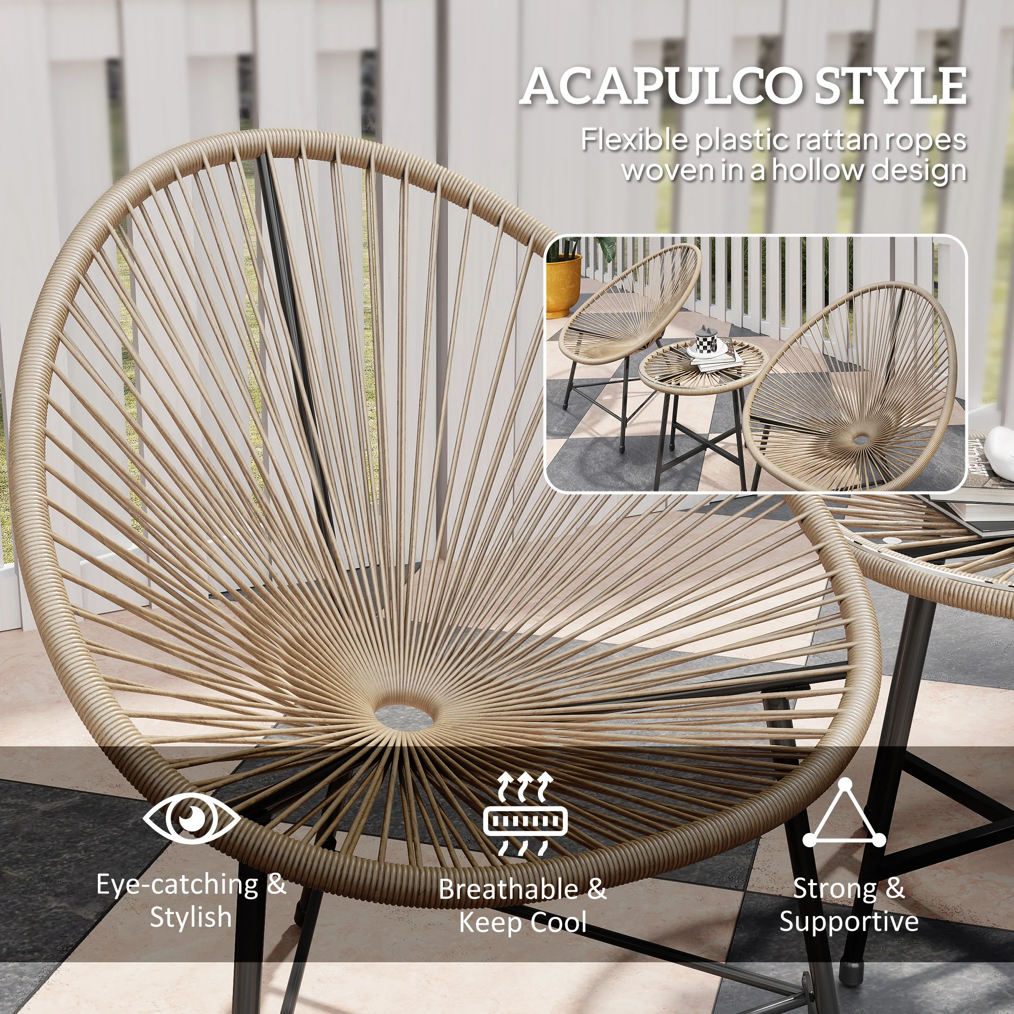 3 Pieces Rattan Bistro Set with Acapulco Chairs, Glass Top Table & Metal Frame, Natural - Image 7